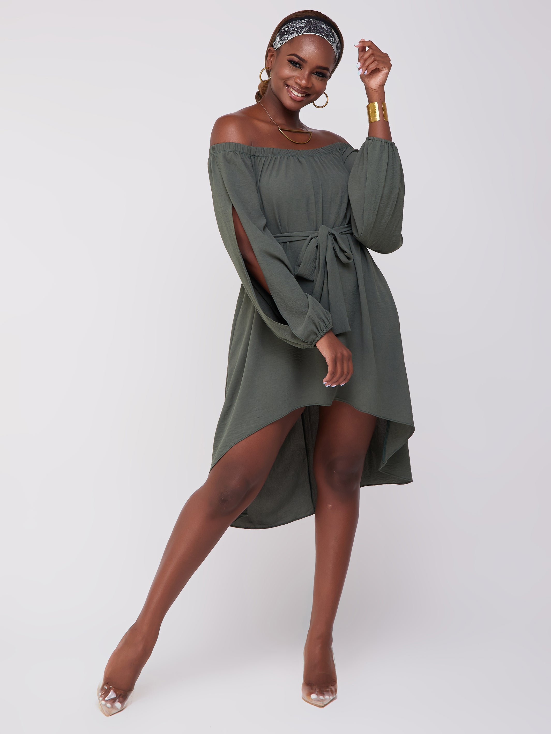 Vivo Dayo Off Shoulder Split Sleeve Hi-Low Top - Hunters Green