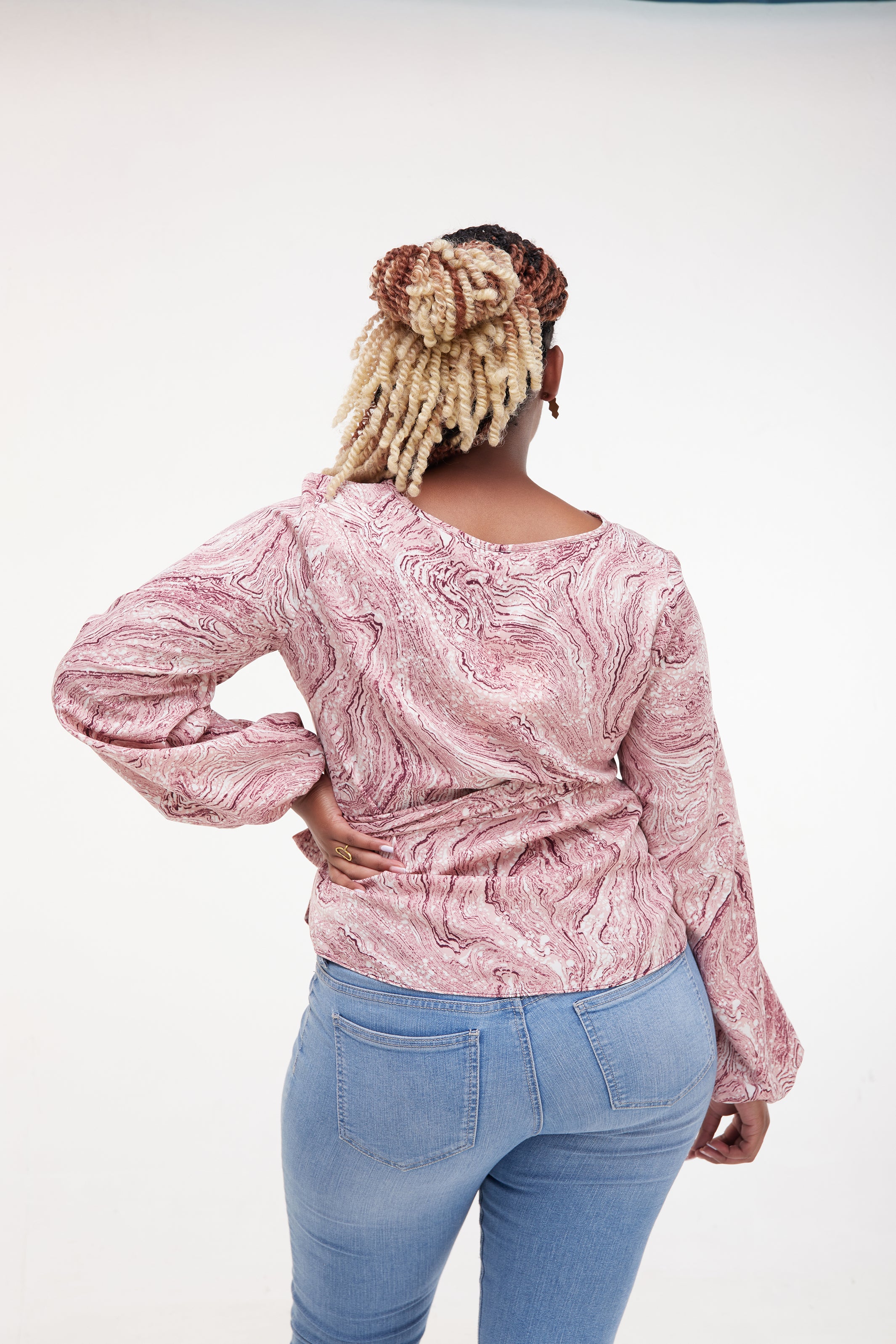 Safari Basic Bishop Sleeved Crepe Top - Pink Print