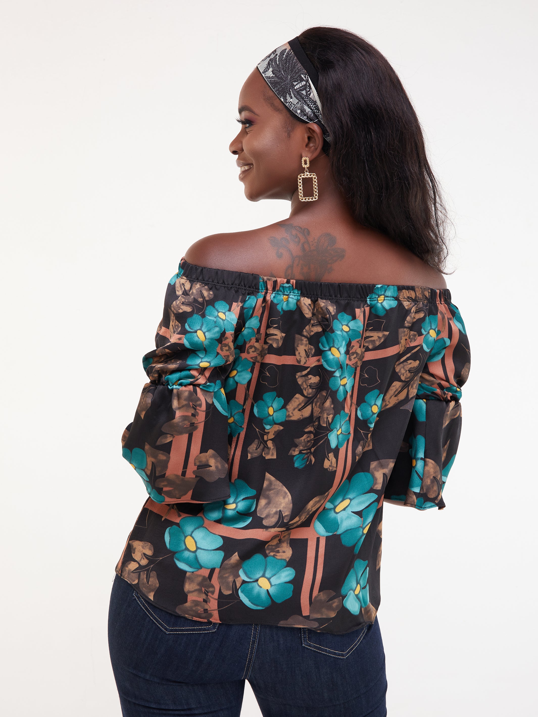 Safari Ayana Off Shoulder 3/4 Sleeved Top - Sea Green / Black Print