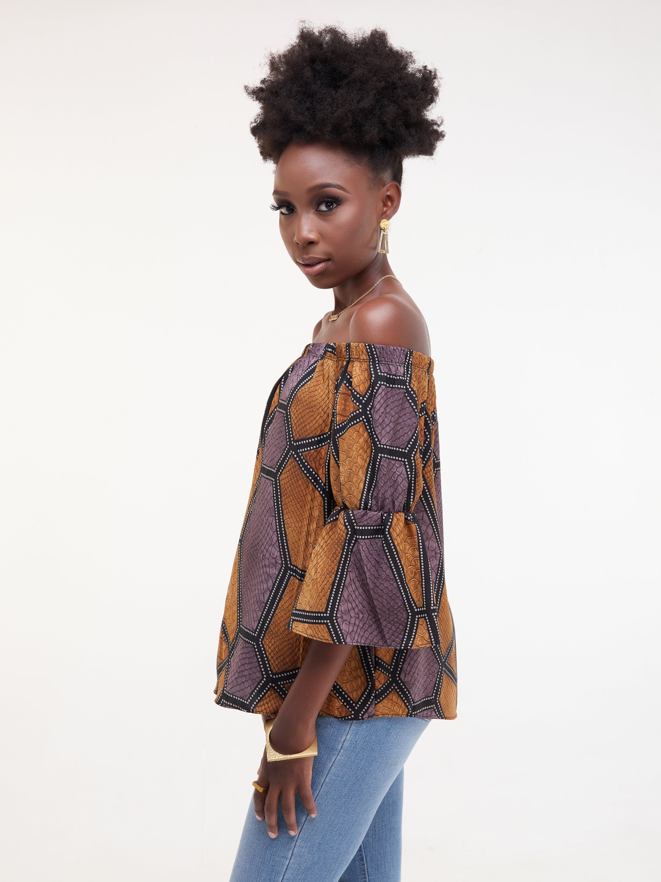 Safari Ayana Off Shoulder 3/4 Sleeved Top - Mustard / Purple Print