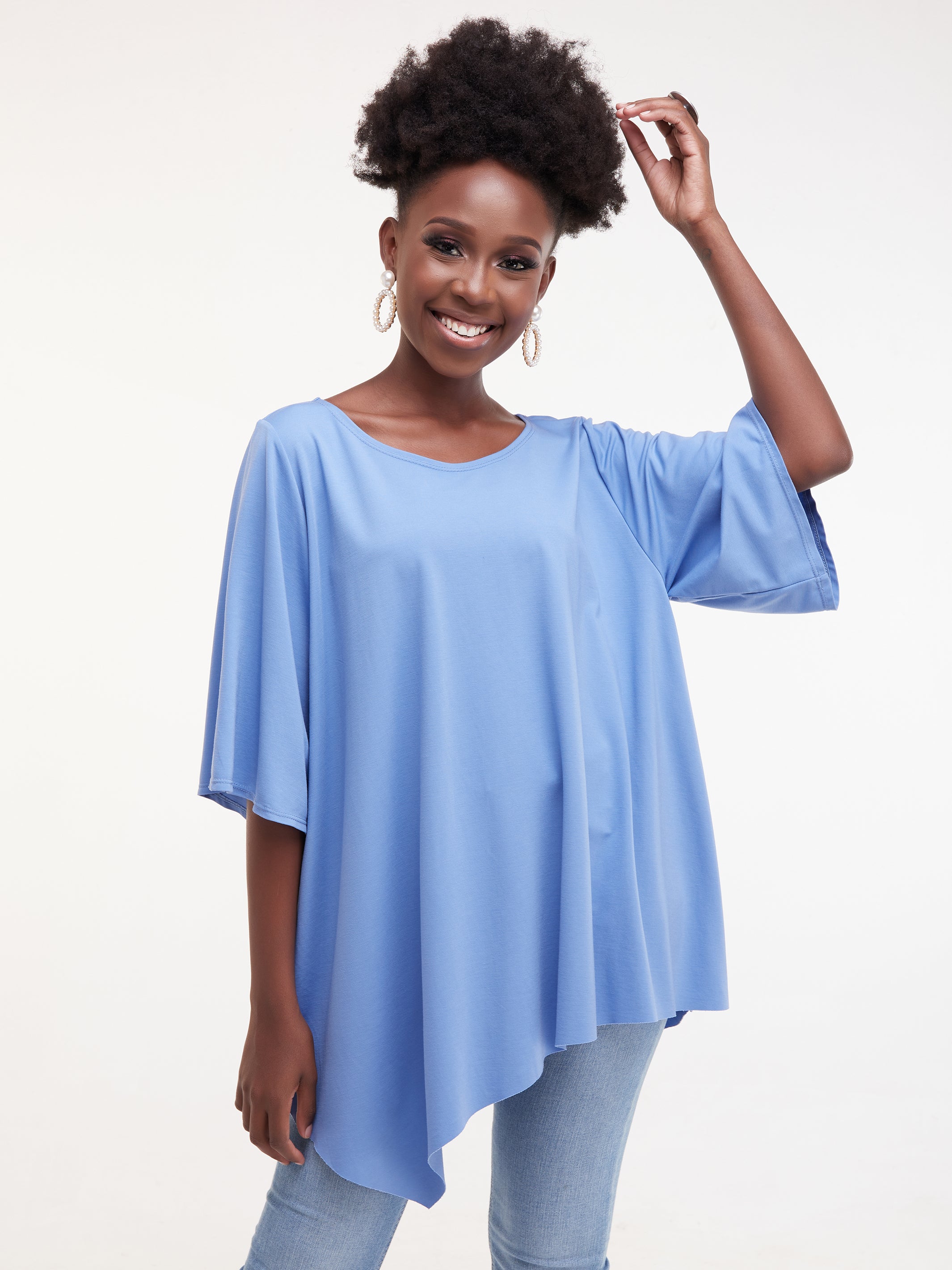 Vivo Basic Asymmetrical Angel Sleeve Top - Light Blue