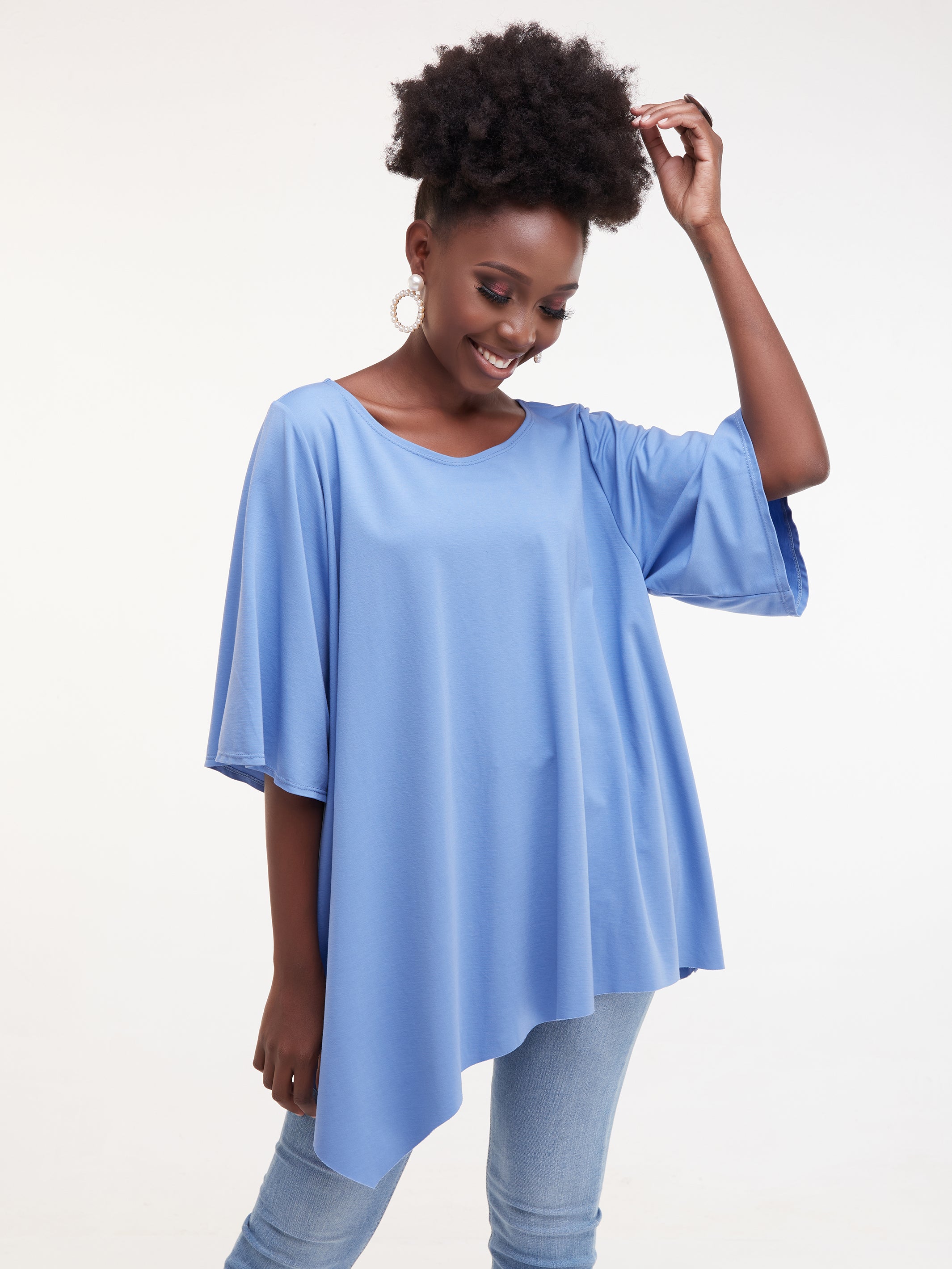 Vivo Basic Asymmetrical Angel Sleeve Top - Light Blue