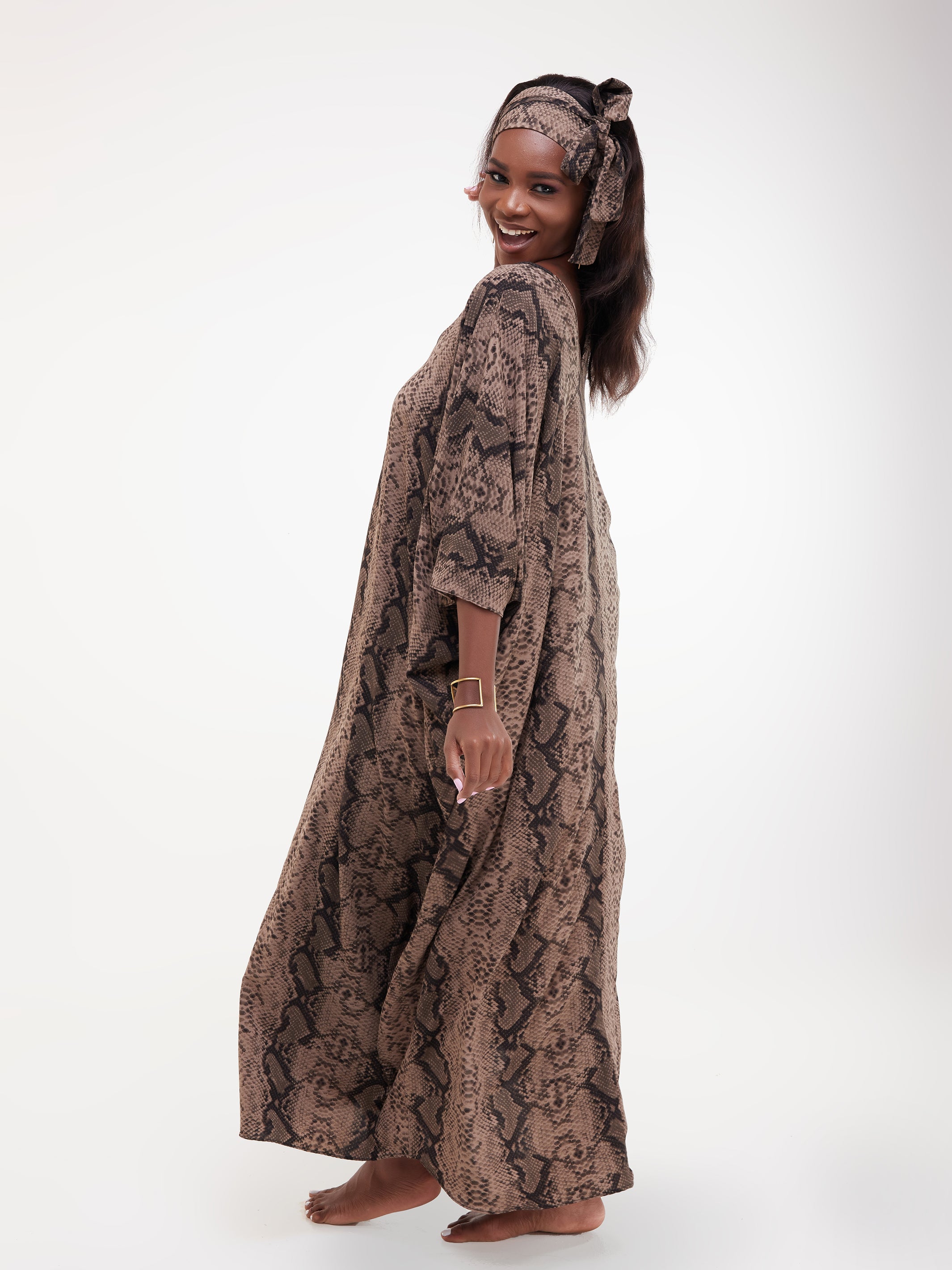 SAFARI MAISHA DOLMAN MAXI KAFTAN - BROWN SNAKE PRINT