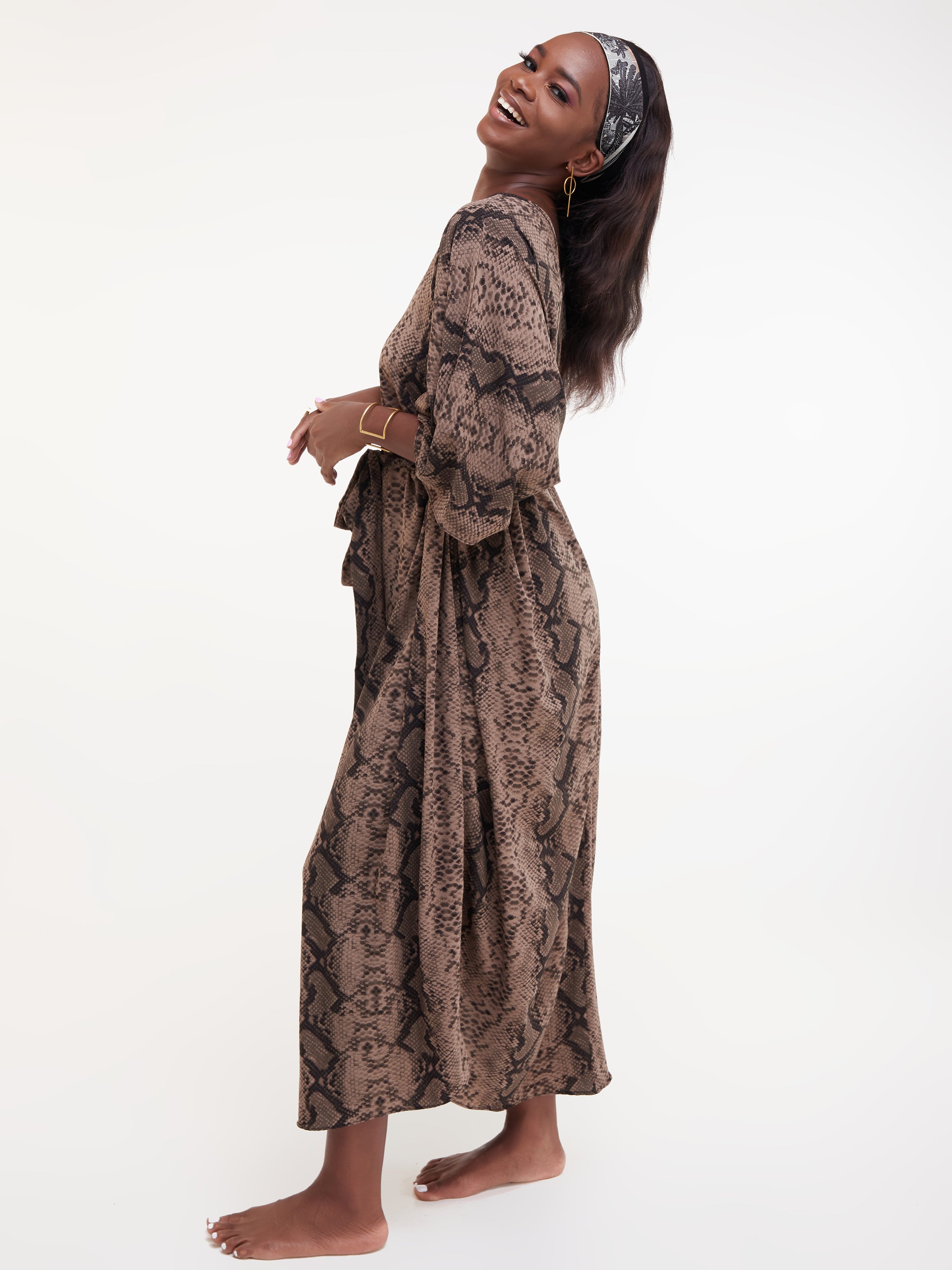 SAFARI MAISHA DOLMAN MAXI KAFTAN - BROWN SNAKE PRINT