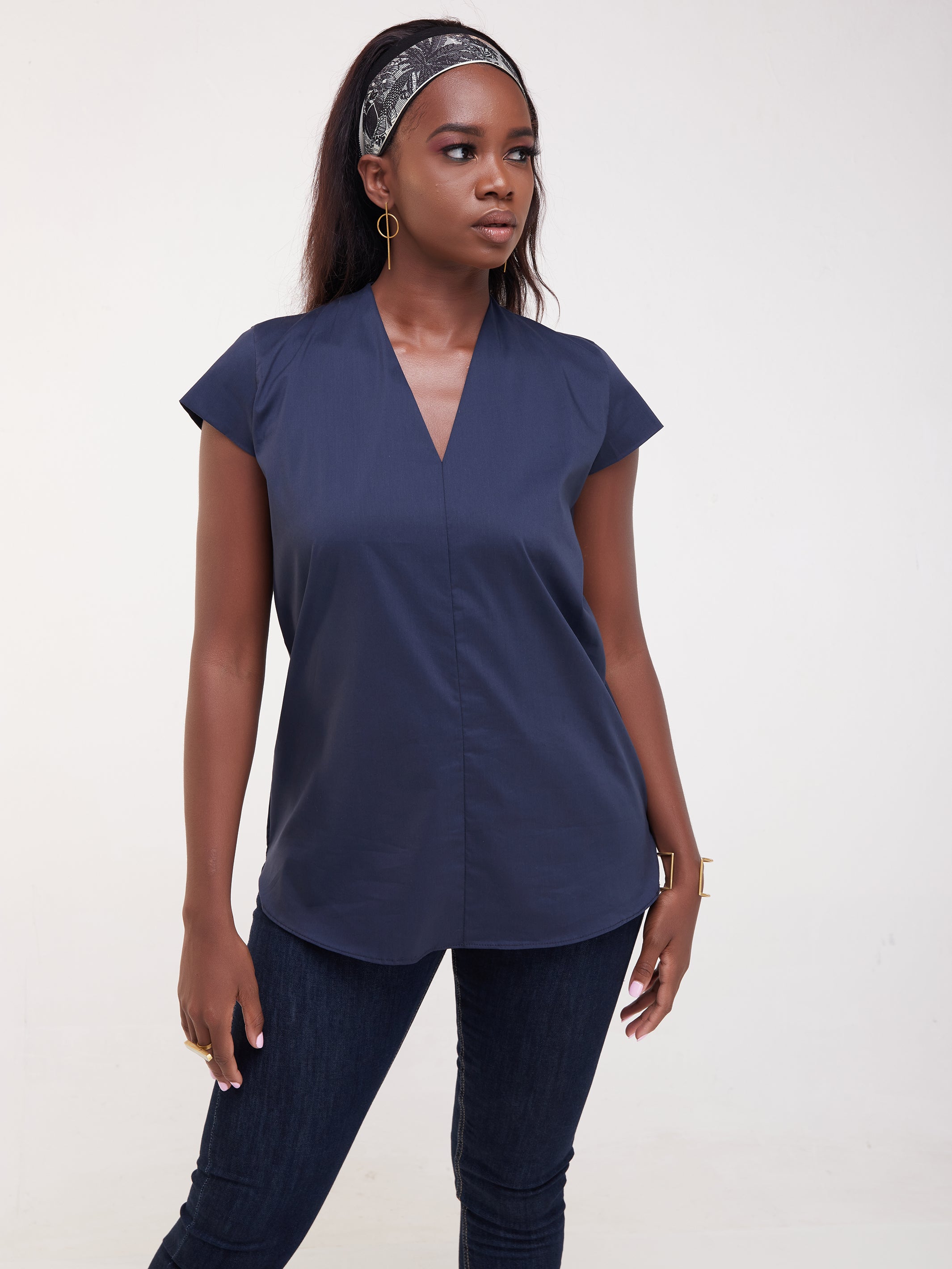 Safari Huru Cap Sleeved Top - Navy Blue