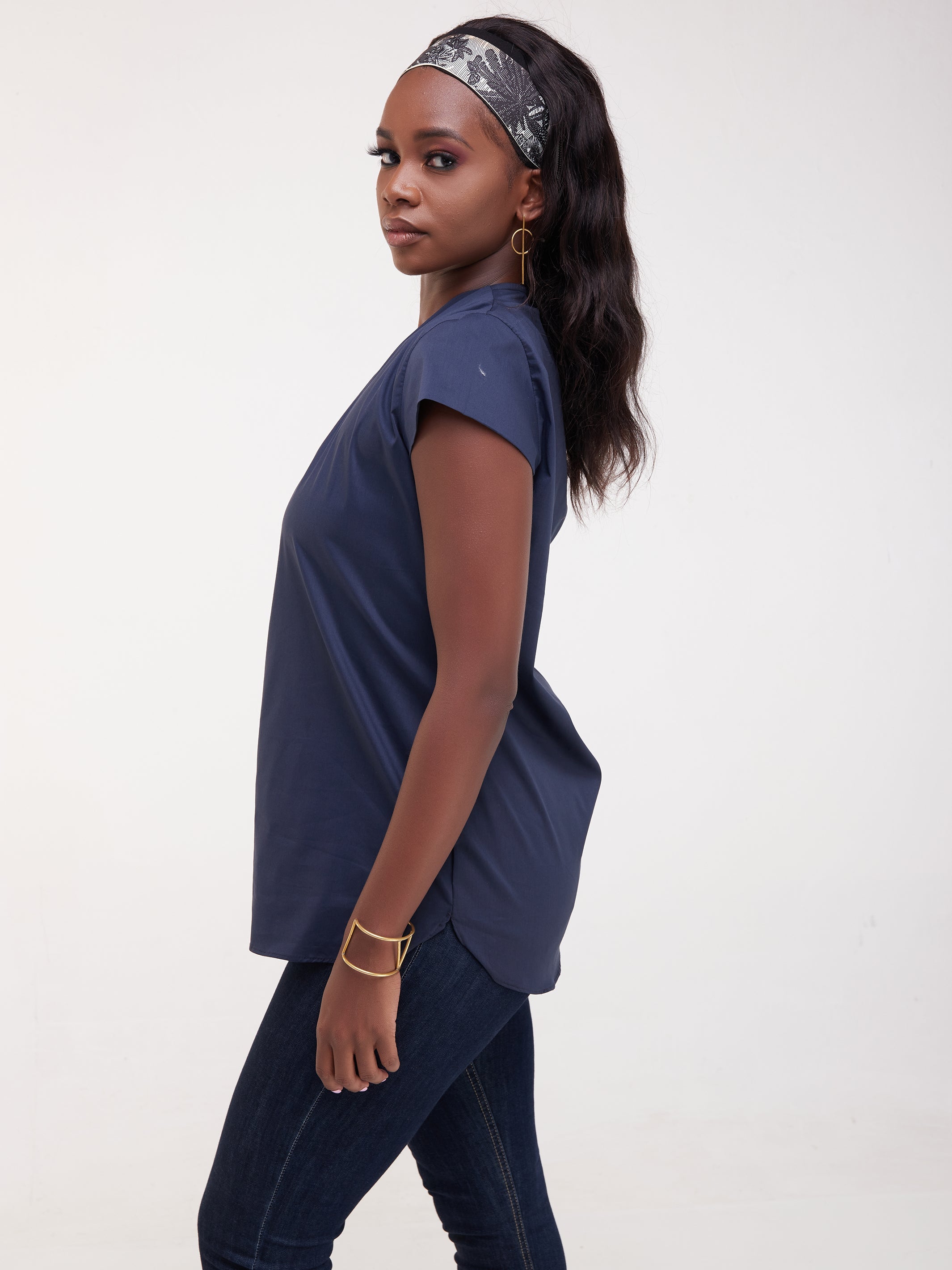 Safari Huru Cap Sleeved Top - Navy Blue