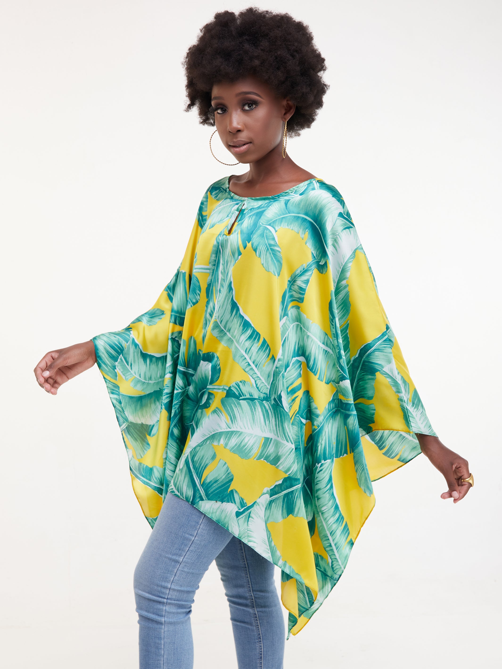 Vivo Sierra Tunic Kaftan Top - Yellow / Green Print