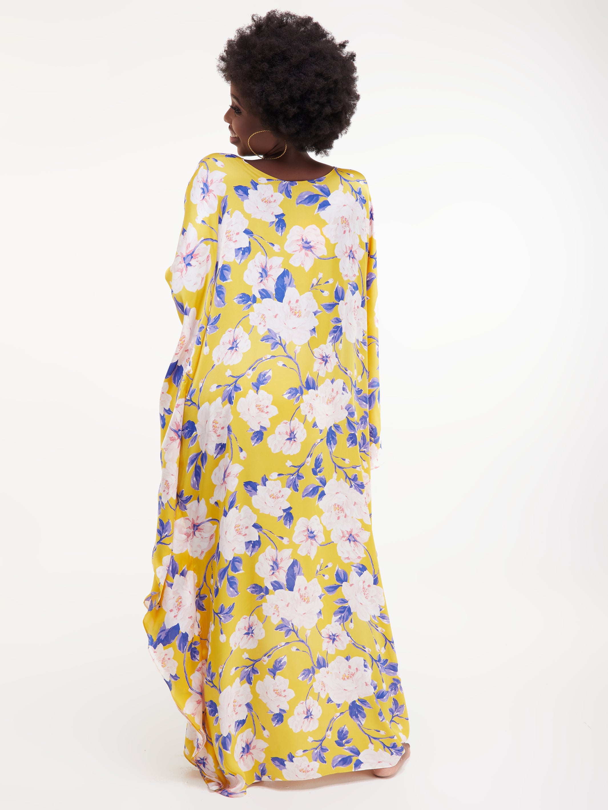 Vivo Lamu Satin Maxi Dira Dress - Yellow Floral Print