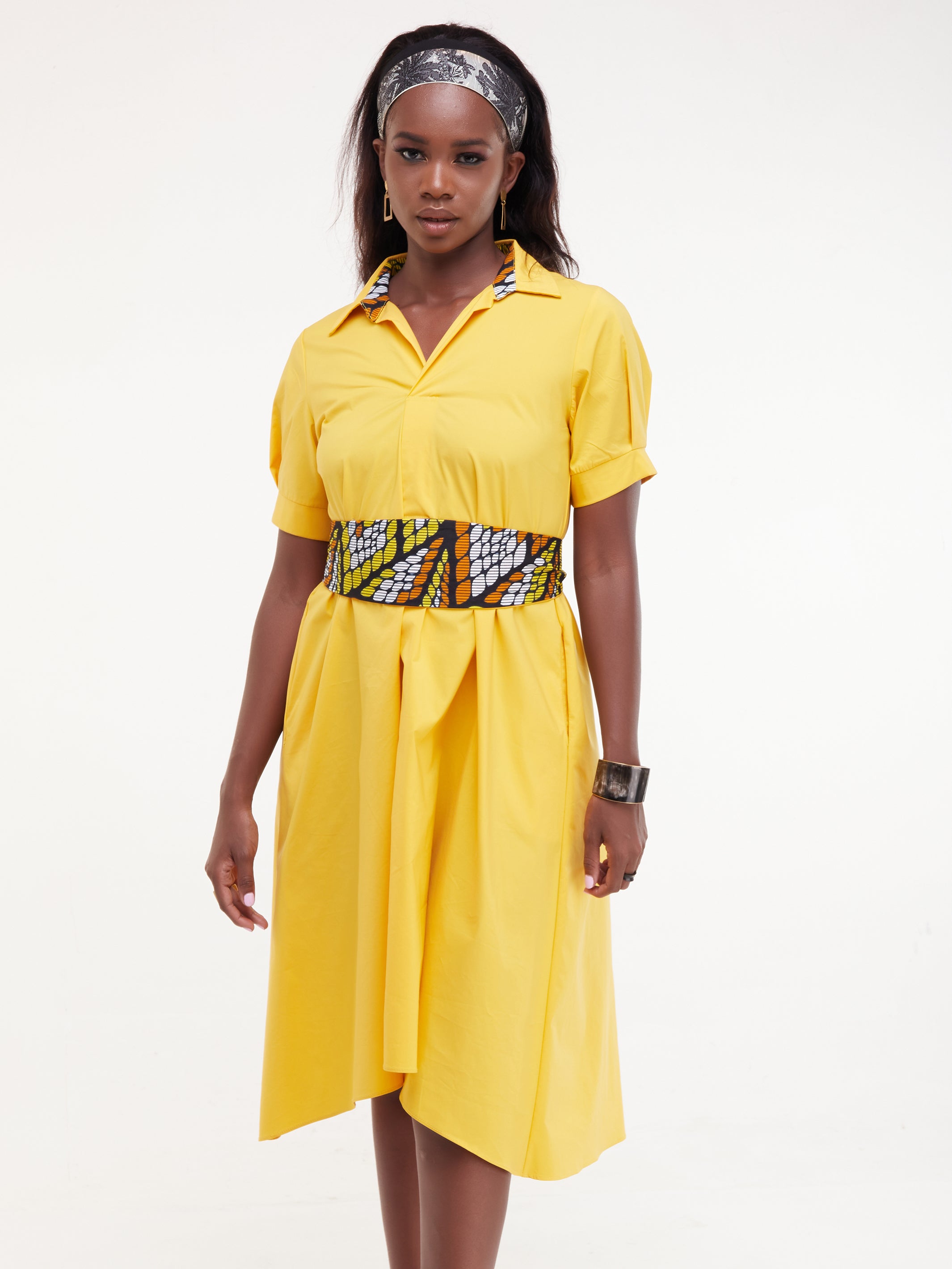 Safari Huru Short Sleeved Midi A-Line Dress - Mustard