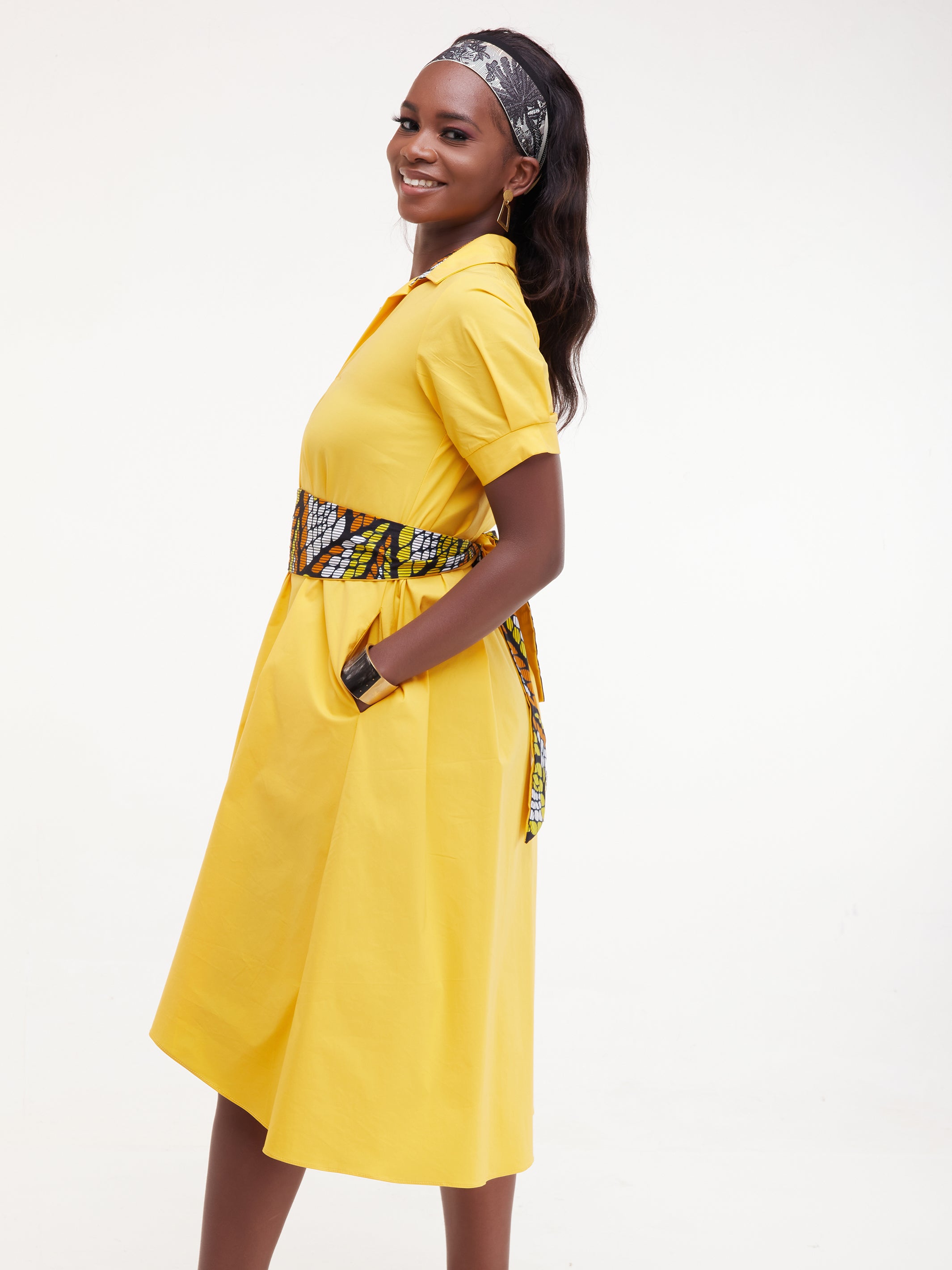 Safari Huru Short Sleeved Midi A-Line Dress - Mustard