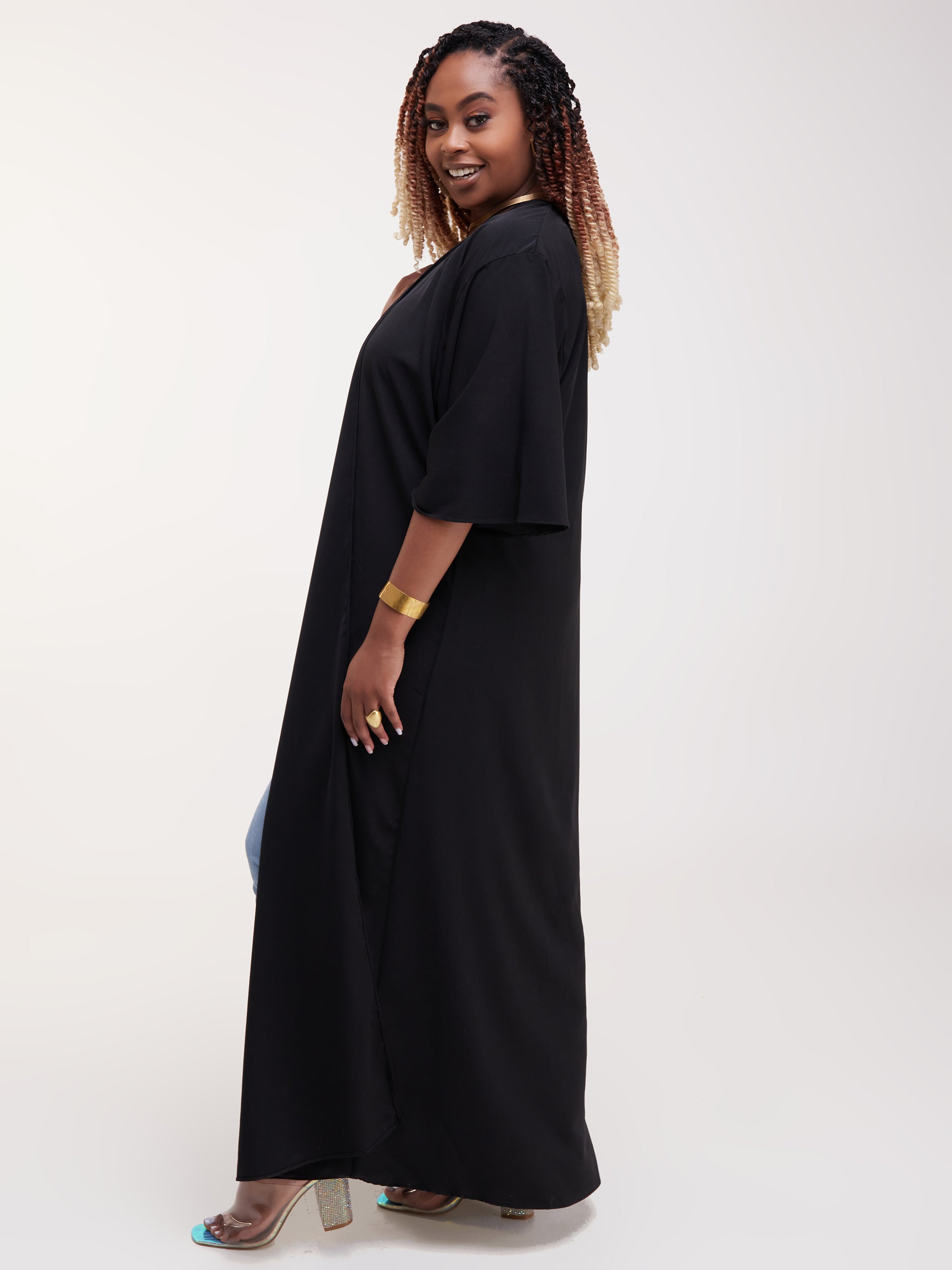 Vivo Alek 3/4 Sleeve A-Line Maxi Kimono - Black