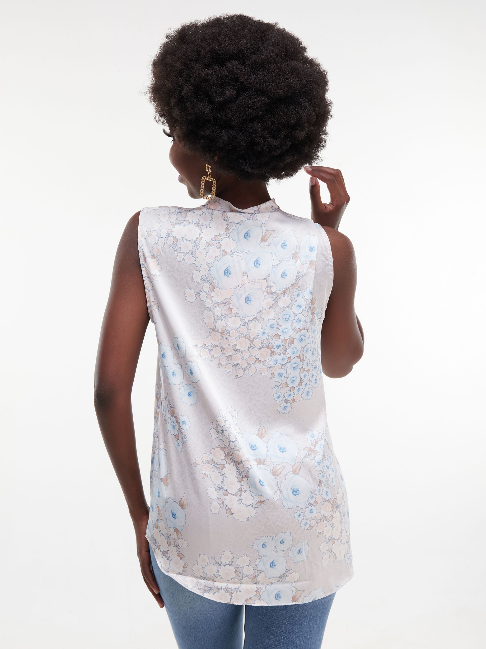 Vivo Bissa Sleeveless Side Bow Top - Beige/Light Blue Print