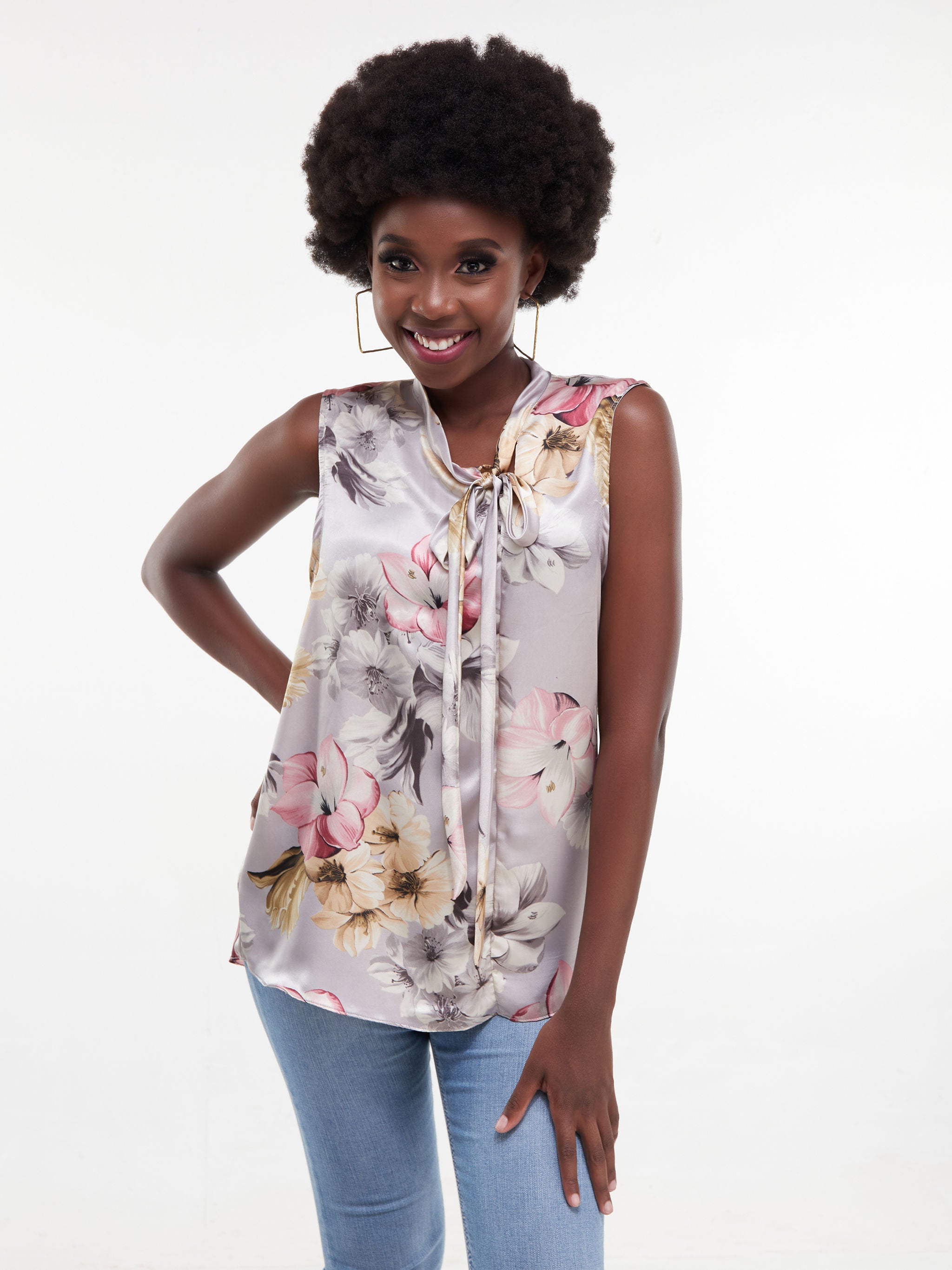 Vivo Bissa Sleeveless Side Bow Top - Grey Print