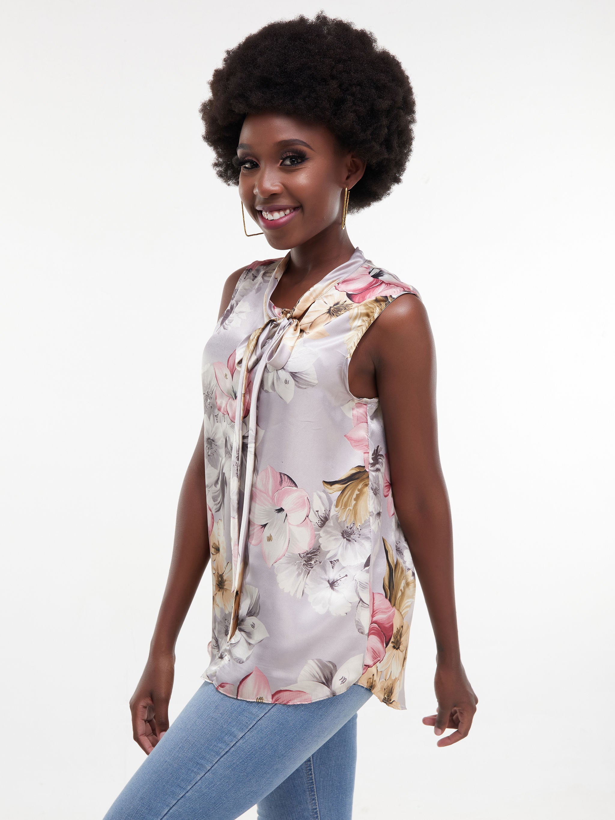 Vivo Bissa Sleeveless Side Bow Top - Grey Print