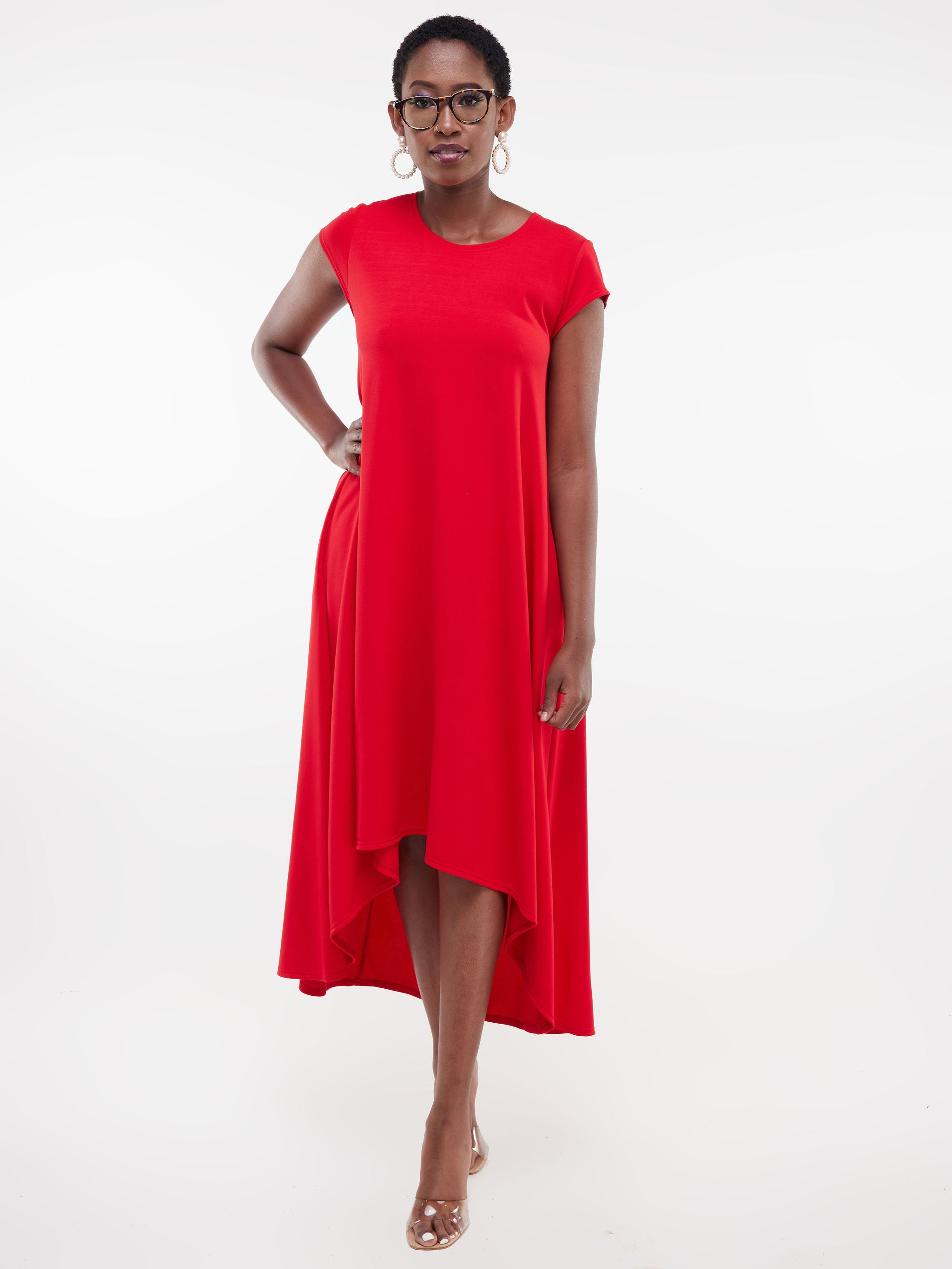 Vivo Ponte Back Pleat High Low Dress - Red