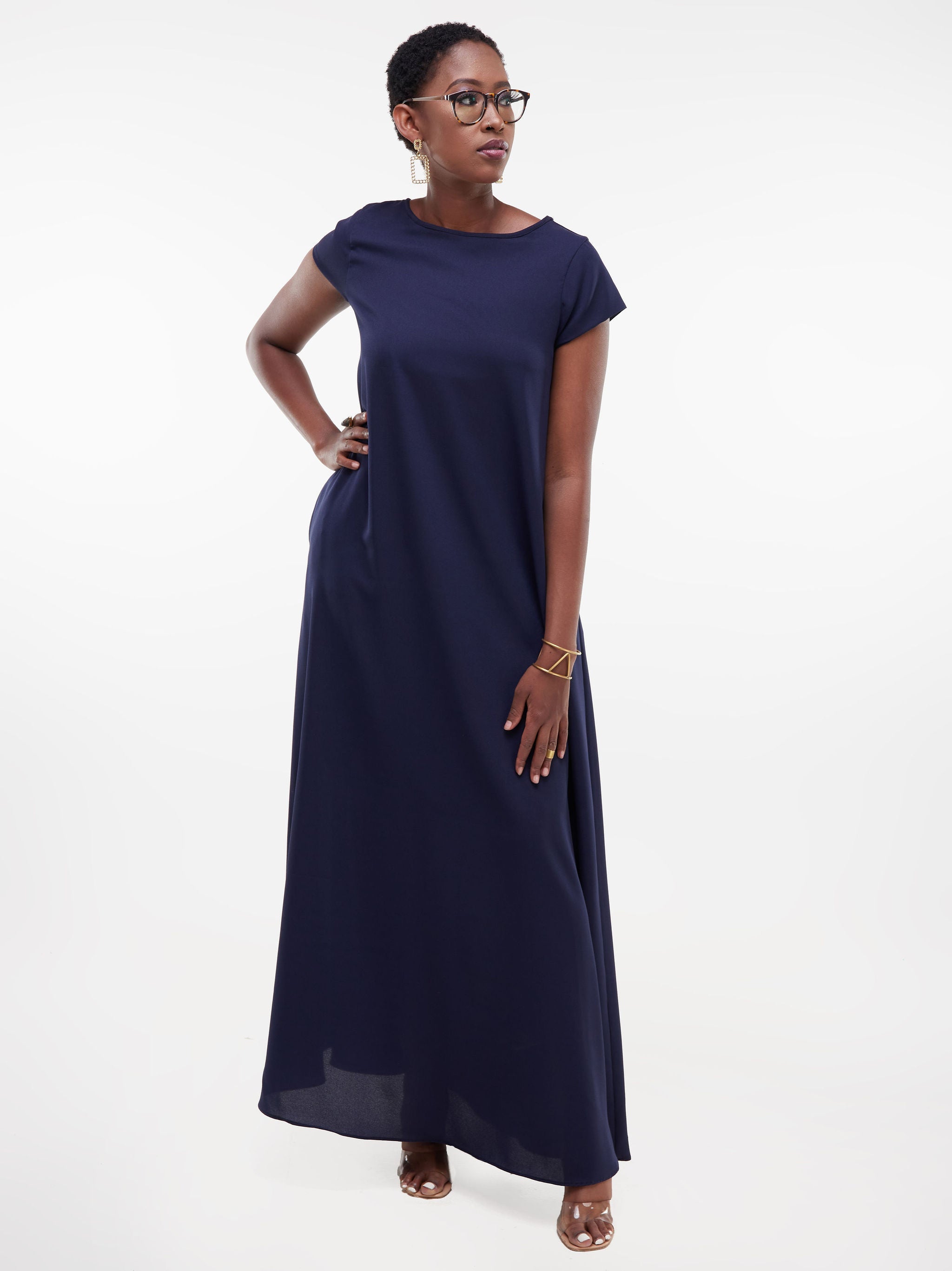Vivo Basic Cap Sleeved Tent Maxi Dress - Navy Blue