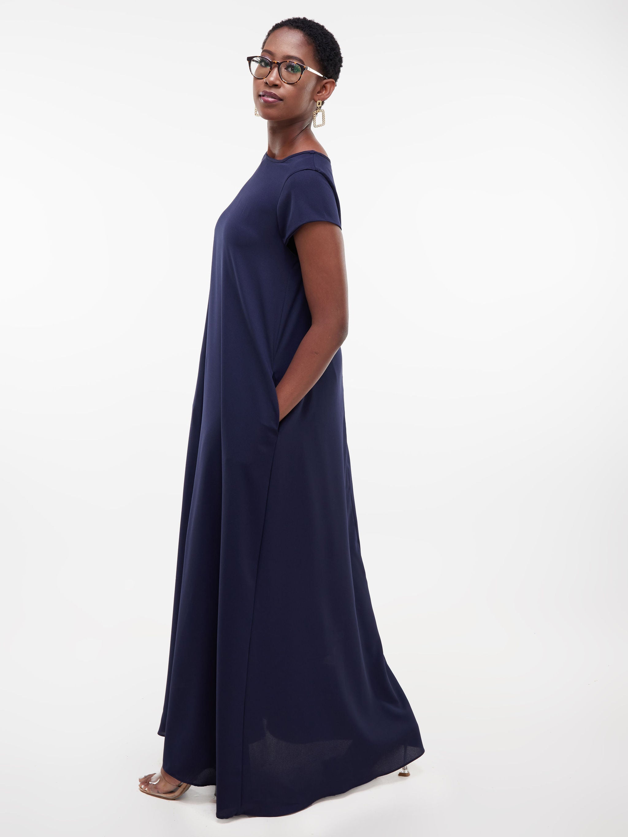 Vivo Basic Cap Sleeved Tent Maxi Dress - Navy Blue