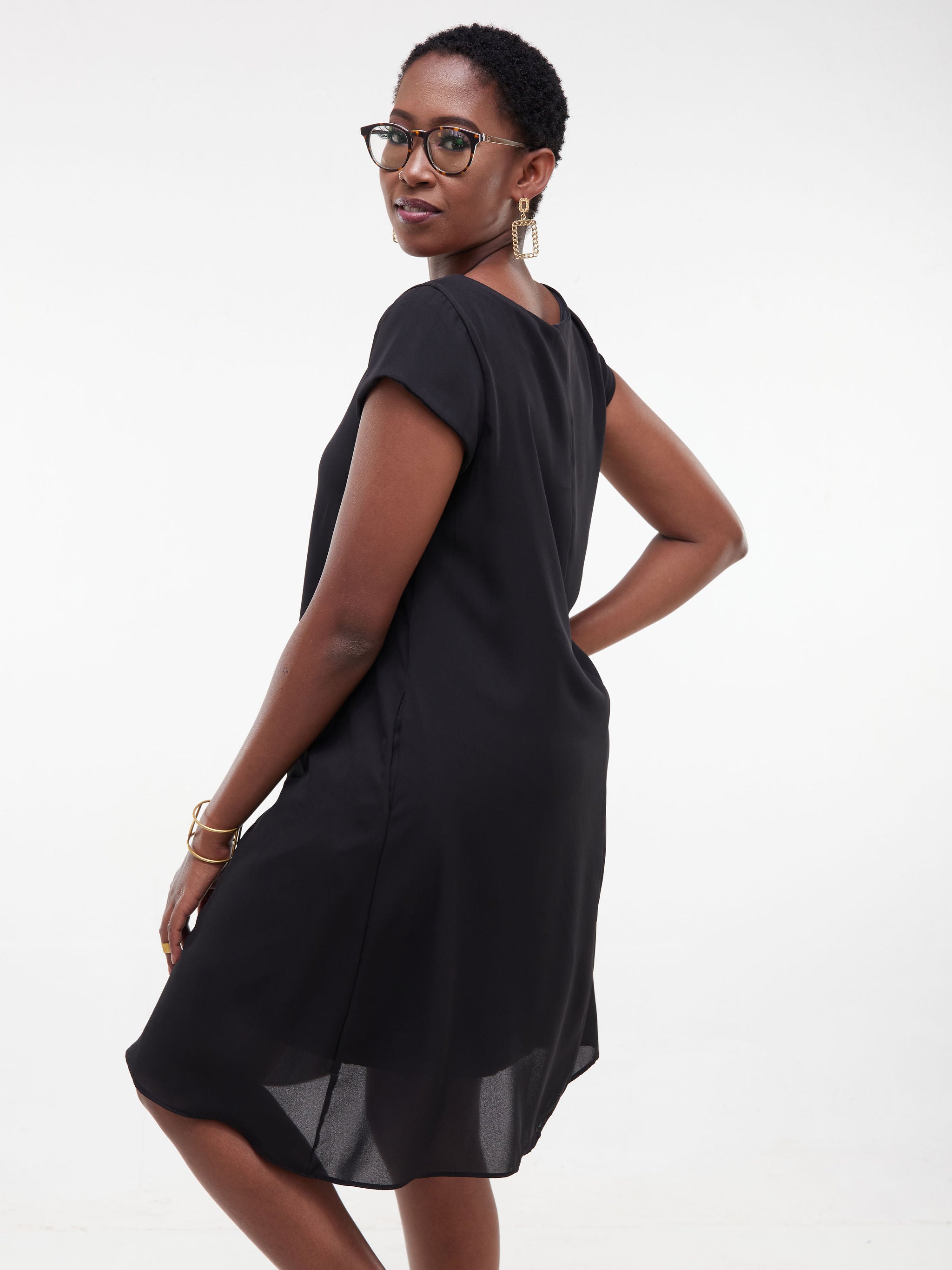 Vivo Basic Cap Sleeve Knee Length Tent Dress - Black