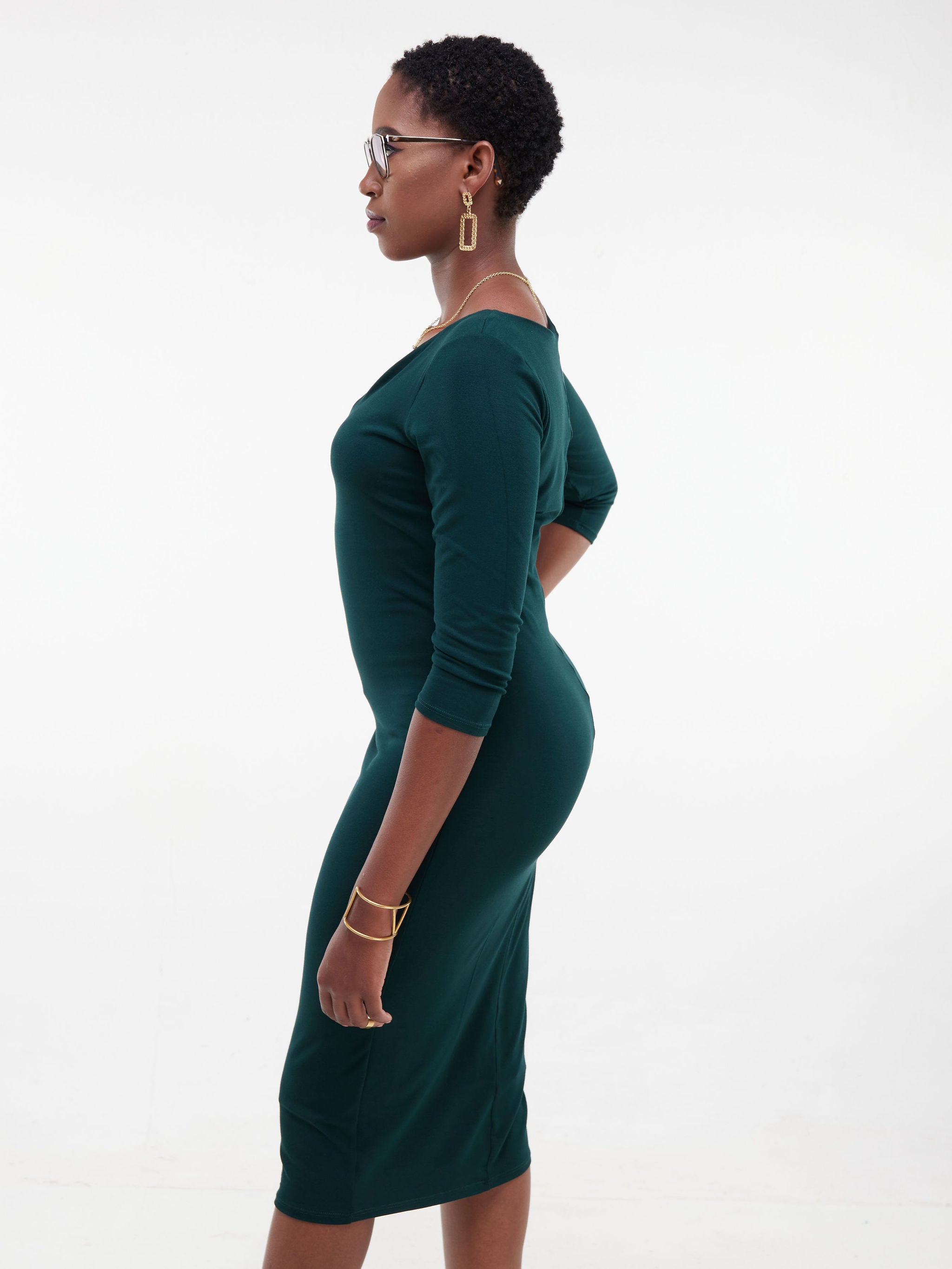 Vivo Basic 3/4 Sleeve Double Layered Bodycon Dress - Dark Green