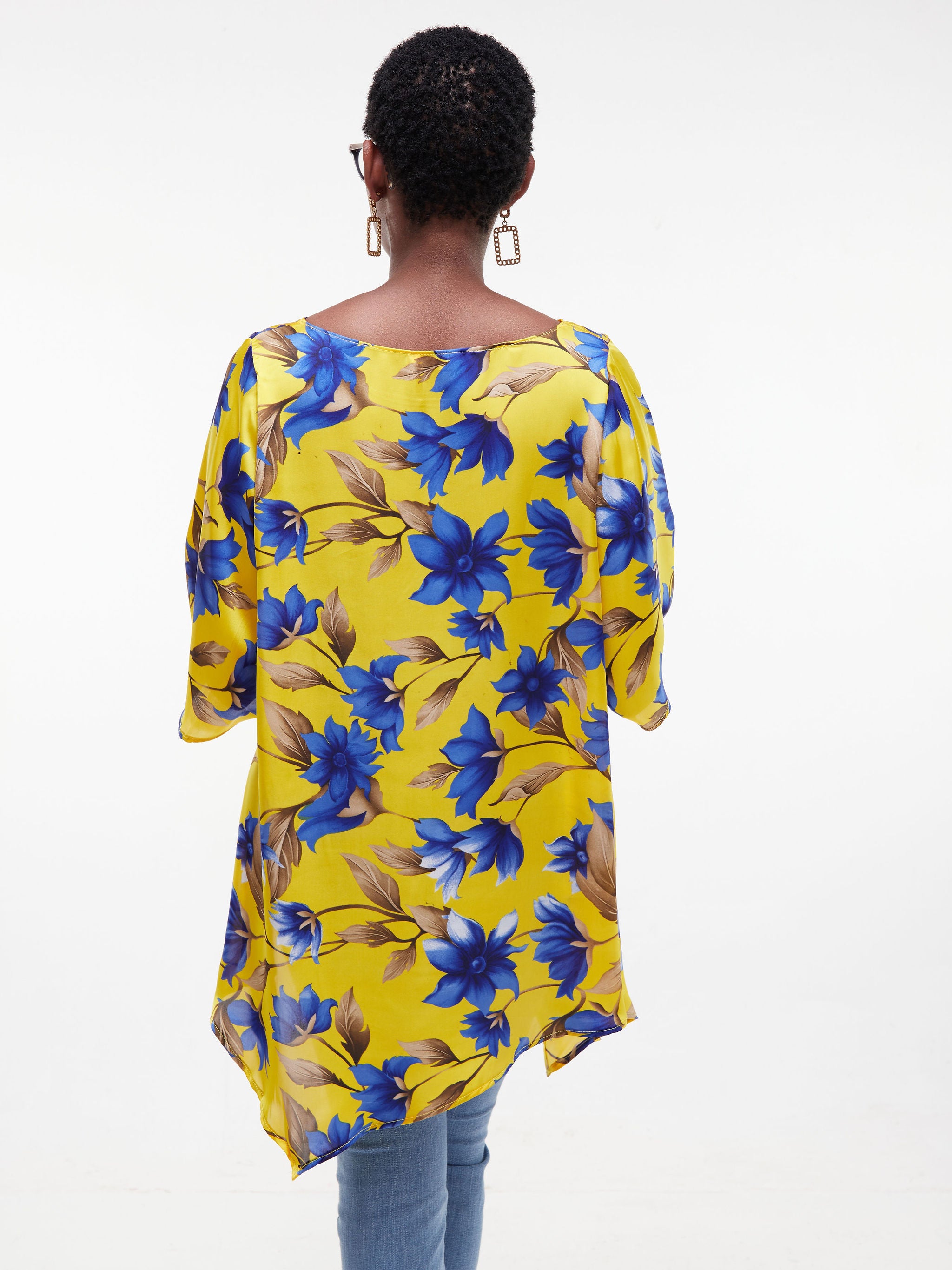 Vivo Asymmetric Angel Satin Top - Yellow / Blue Print