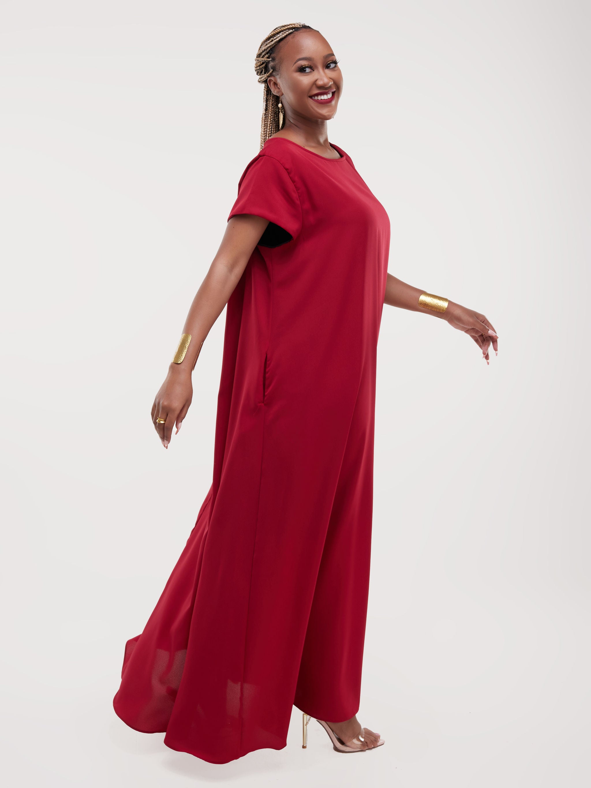 Vivo Basic Cap Sleeved Tent Maxi Dress - Maroon