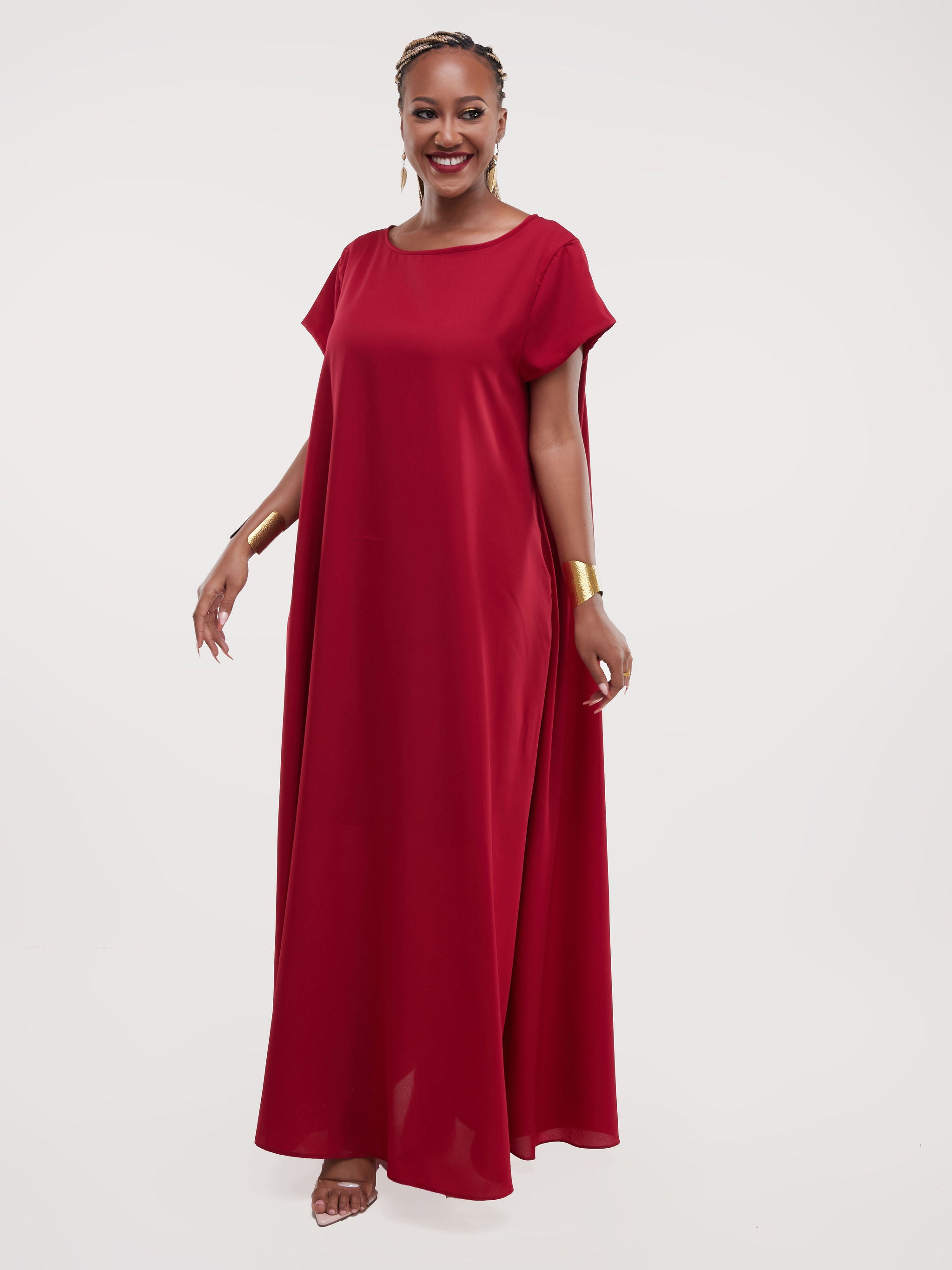 Vivo Basic Cap Sleeved Tent Maxi Dress - Maroon