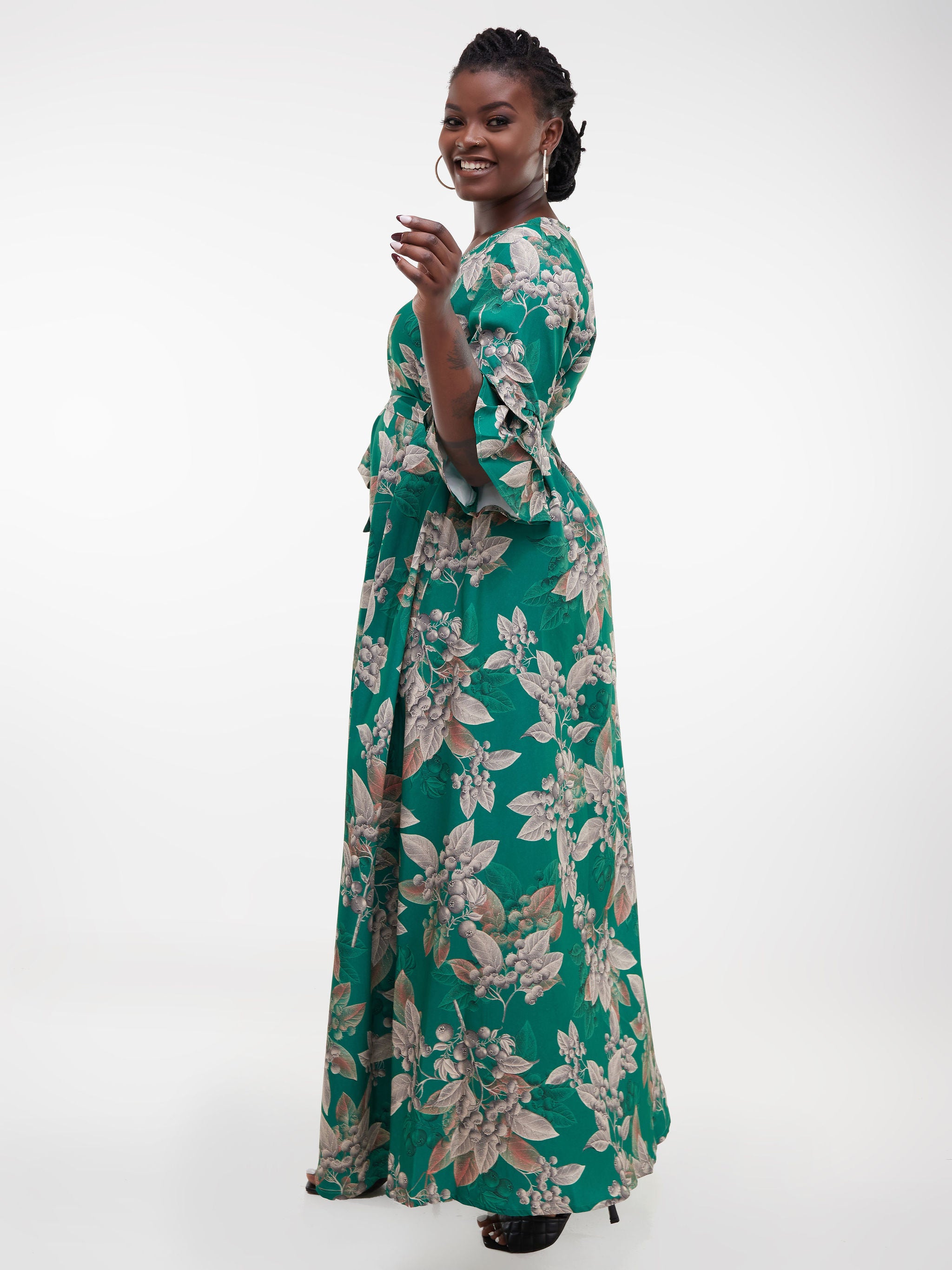 Unaku 3/4 Sleeve Maxi Dress - Green / Buttermilk Print