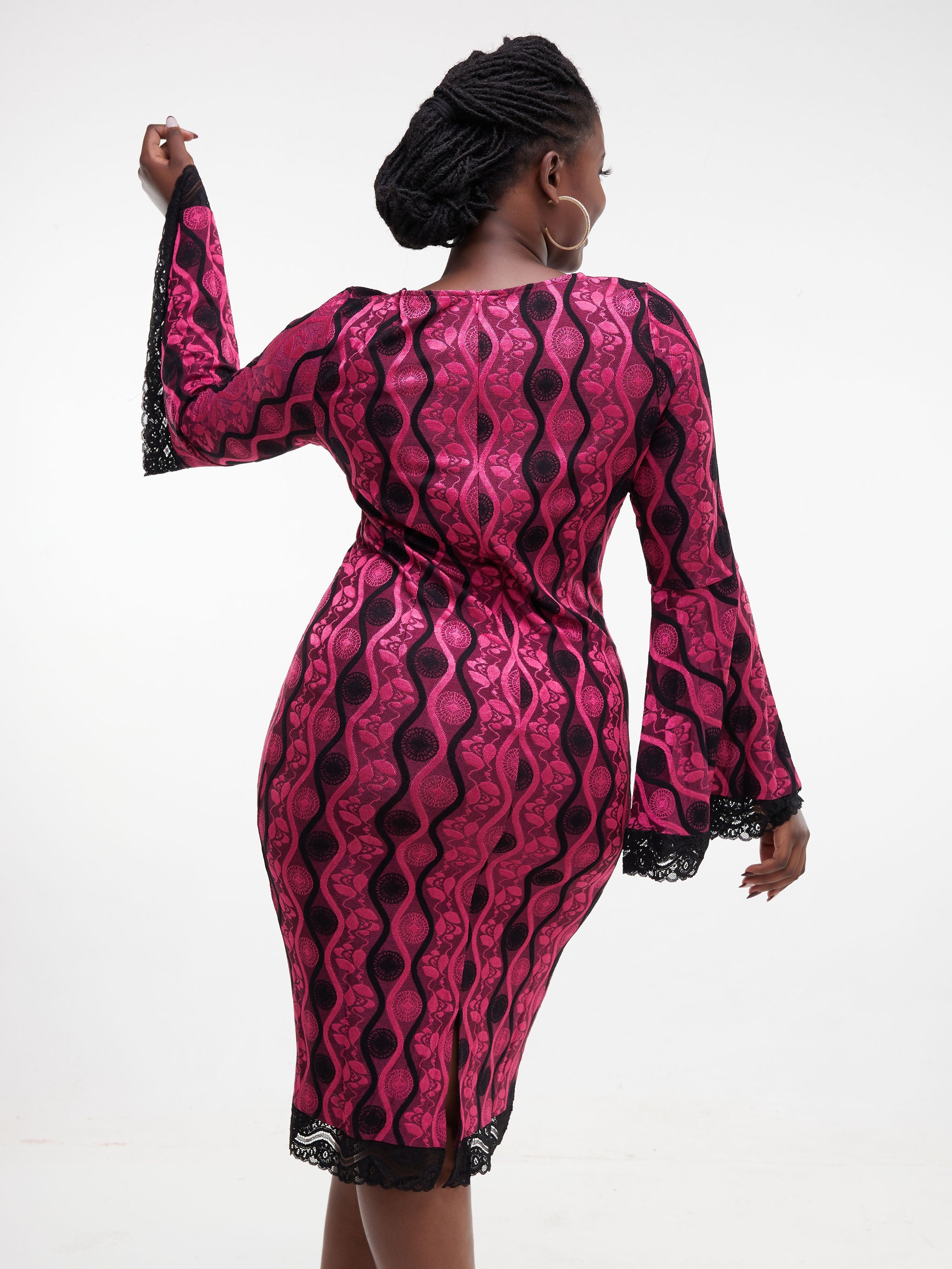 Unaku Long Sleeve Knee Length Dress - Pink/Black Print