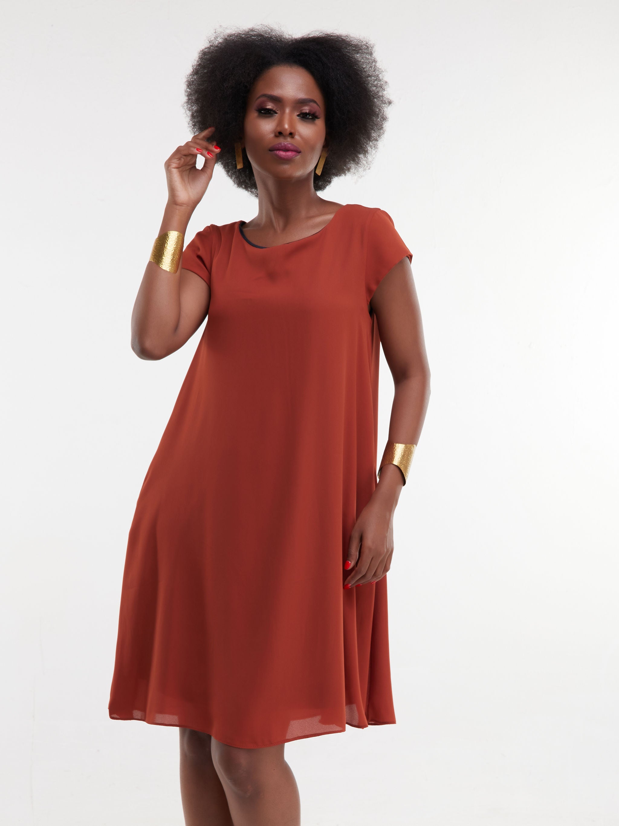 Vivo Basic Cap Sleeve Knee Length Tent Dress - Rust