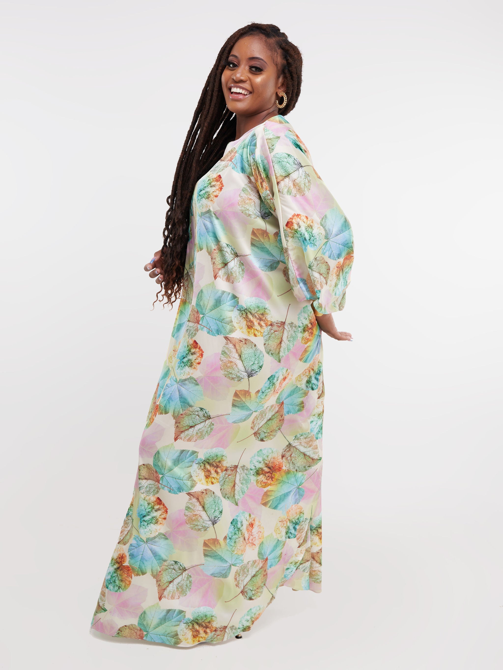 Vivo Thando Wide Kaftan Maxi Dress Purple Green Leaf Print Vivo Fashion Group Kenya