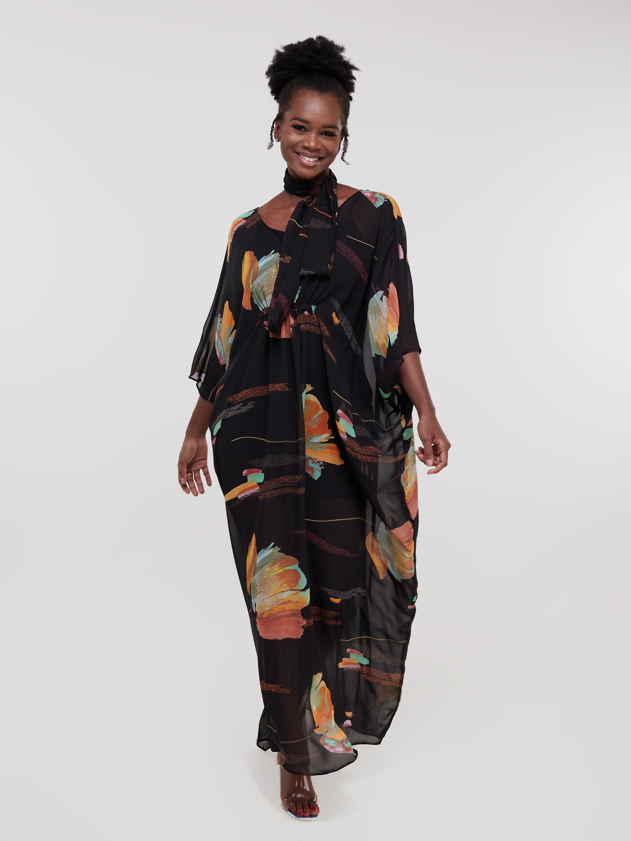 Vivo Sana Dolman Maxi Dress -Black / Orange Print