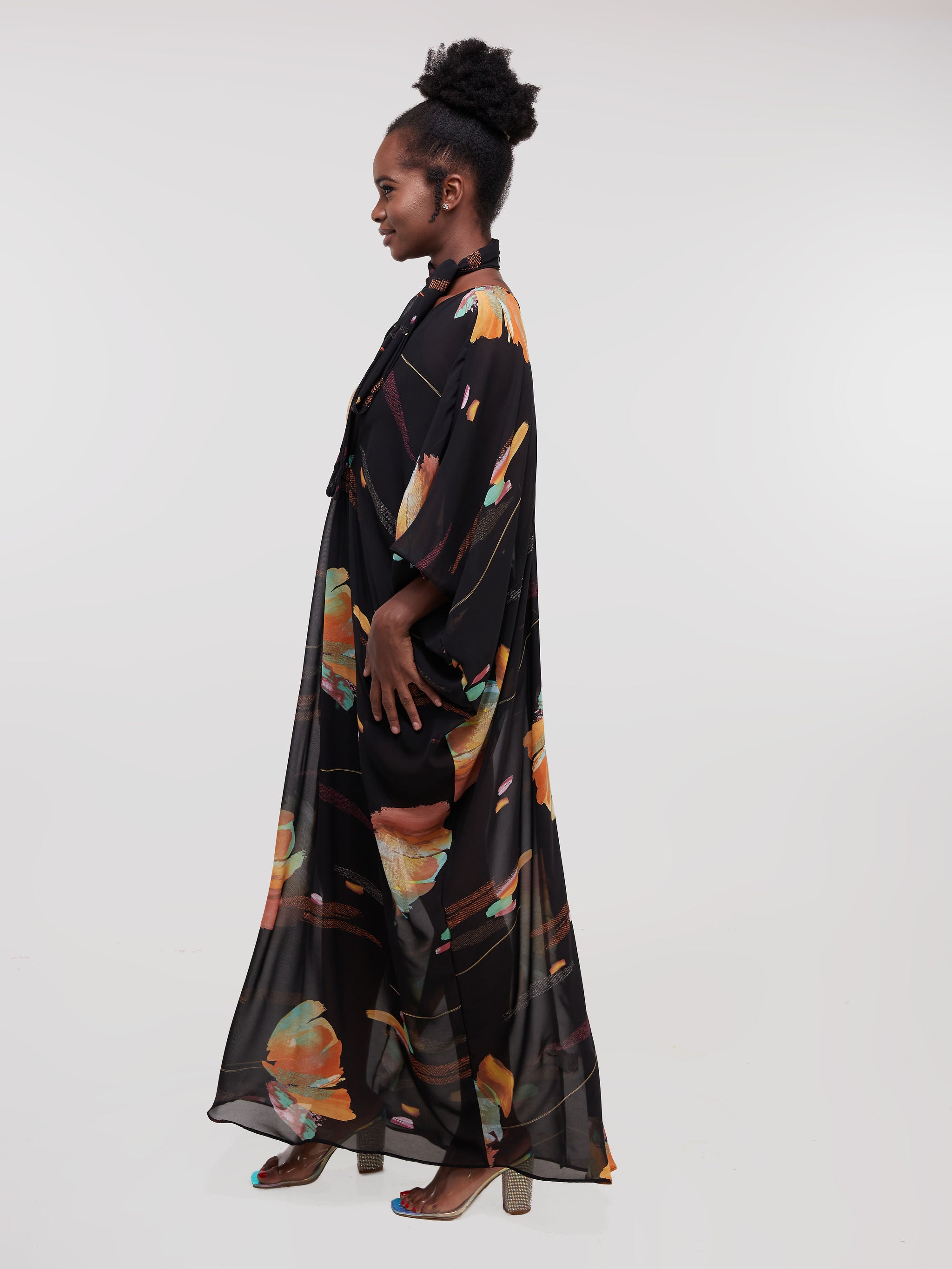 Vivo Sana Dolman Maxi Dress -Black / Orange Print