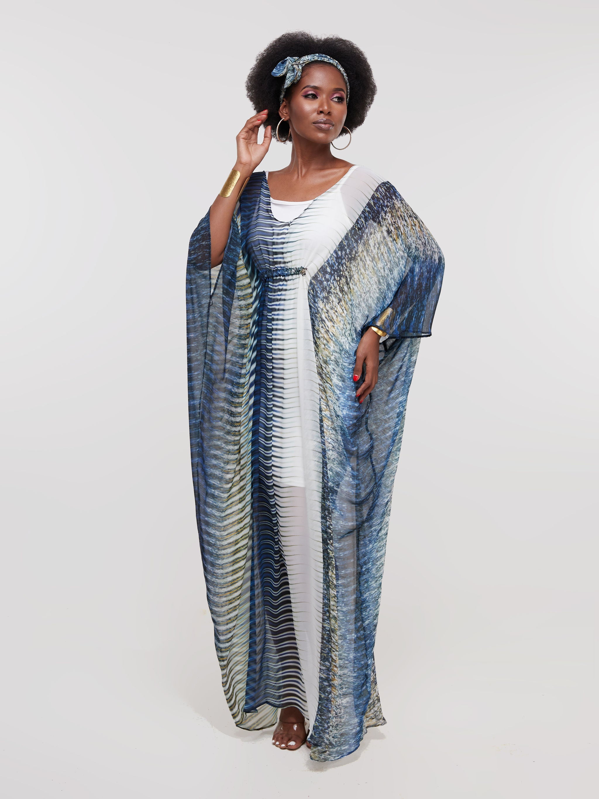 Vivo Sana Dolman Maxi Dress - Teal Blue Print