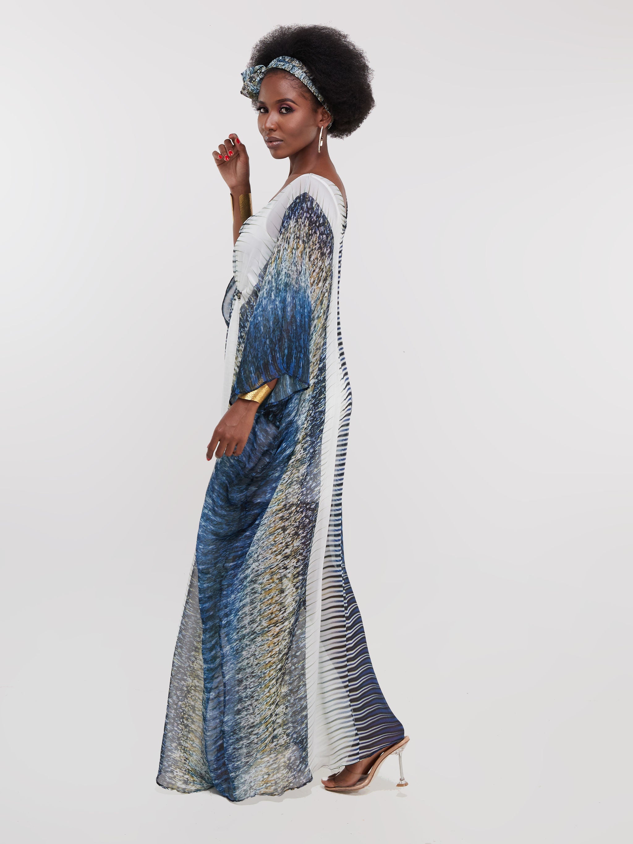 Vivo Sana Dolman Maxi Dress - Teal Blue Print