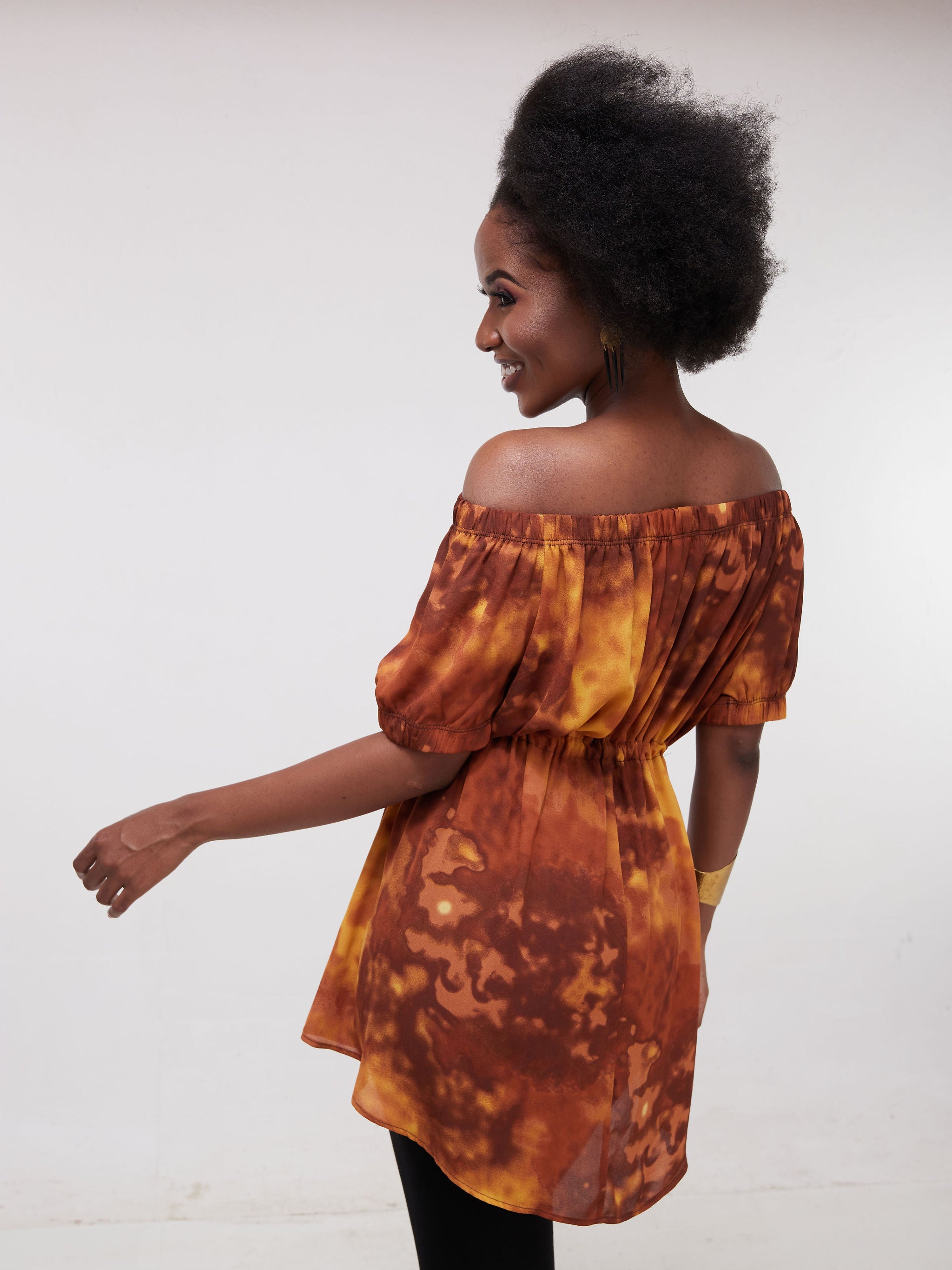Vivo Lulu Off Shoulder Tunic - Mustard TD Print