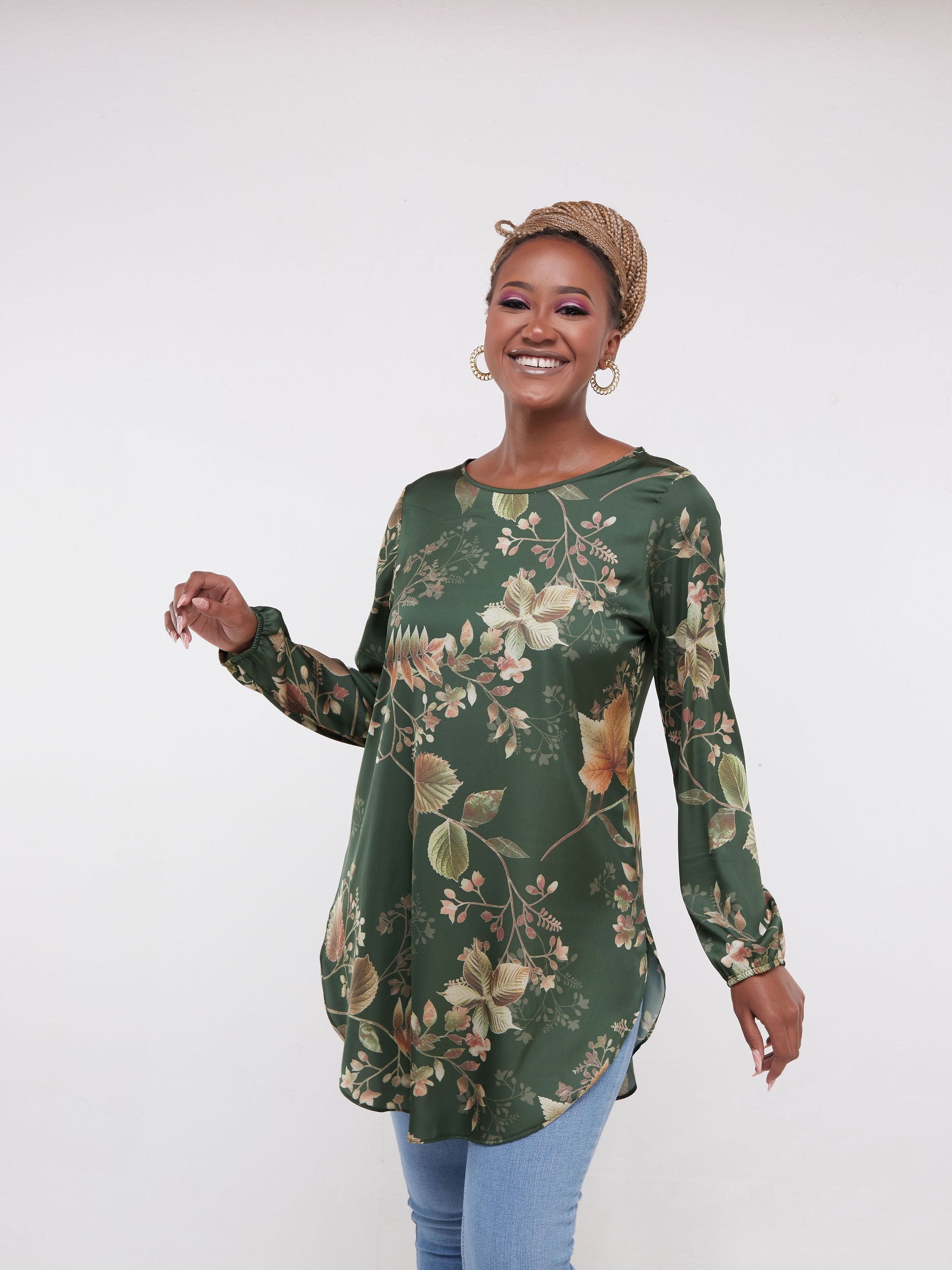 Vivo Tsavo Scalloped Hem Dress Top - Green Leaf Print