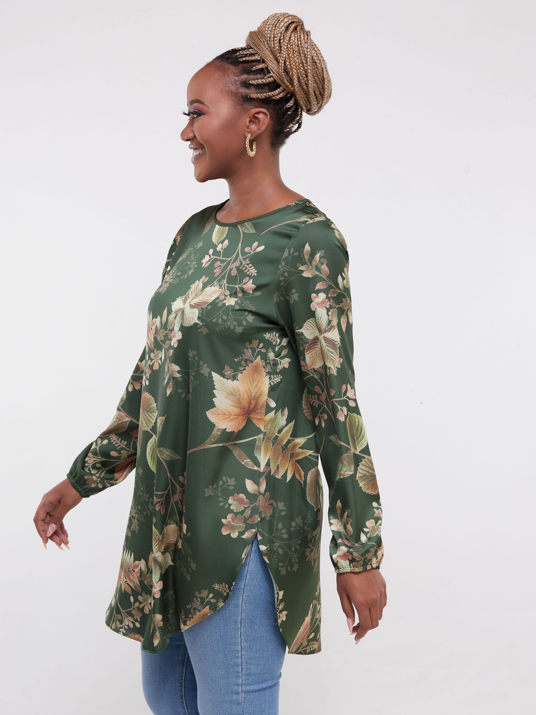 Vivo Tsavo Scalloped Hem Dress Top - Green Leaf Print