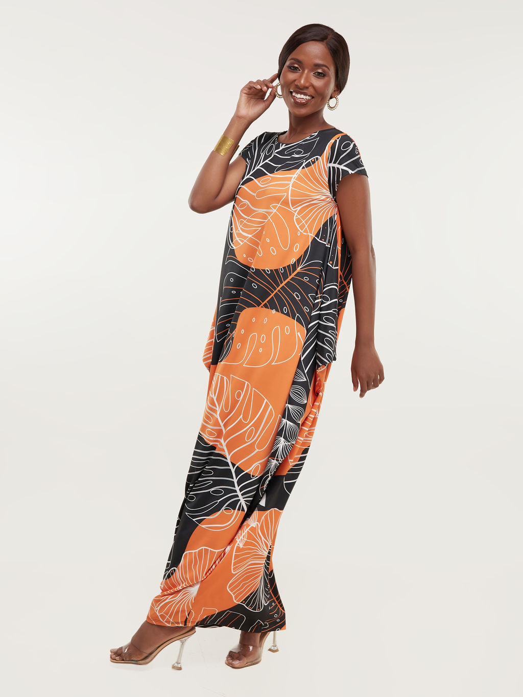 Vivo Tuni Side  Cowl Maxi Dress - Black / Orange Leaf Print