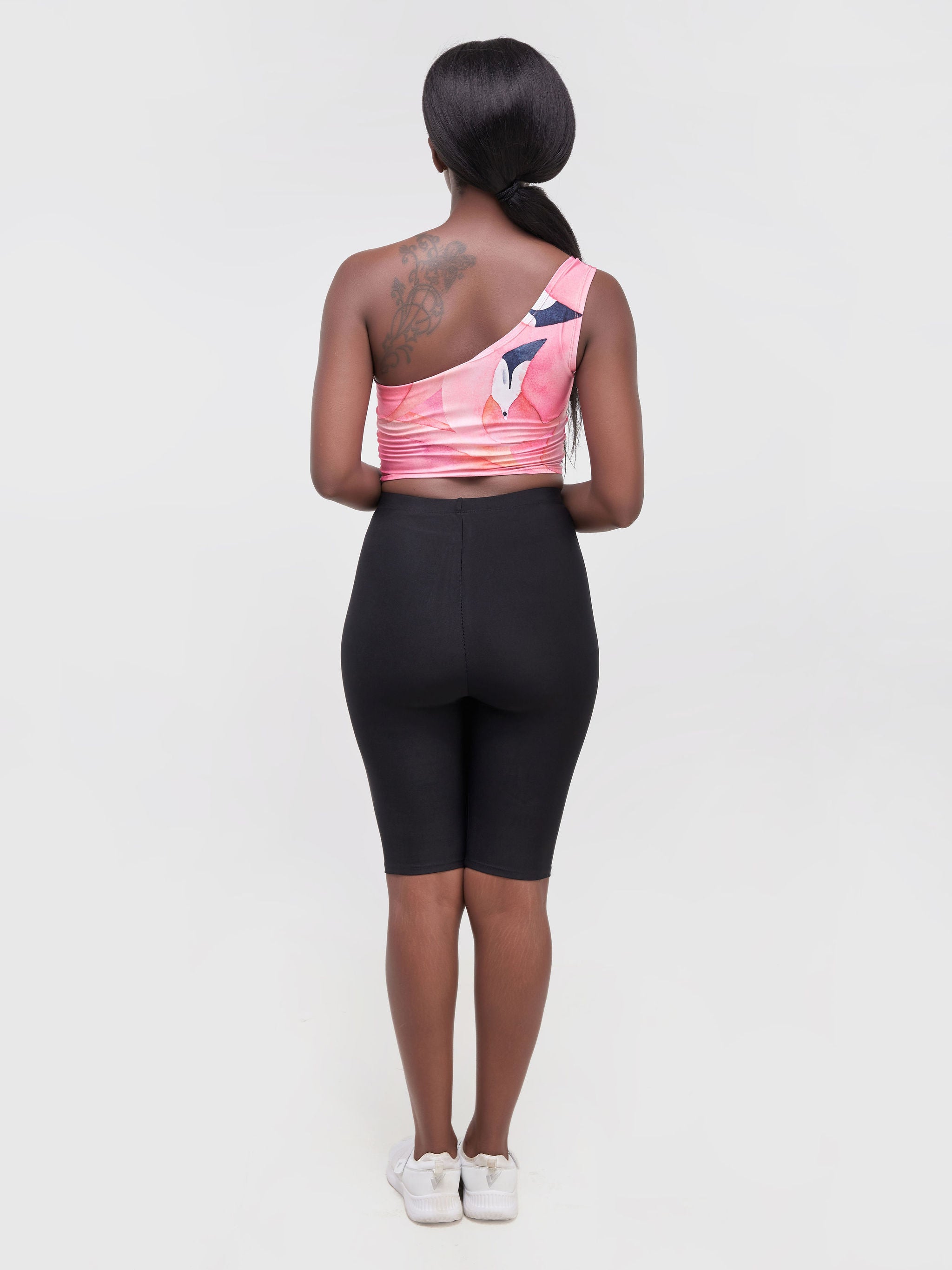 Zoya Athleisure One Shoulder Crop Top - Flamingo Print