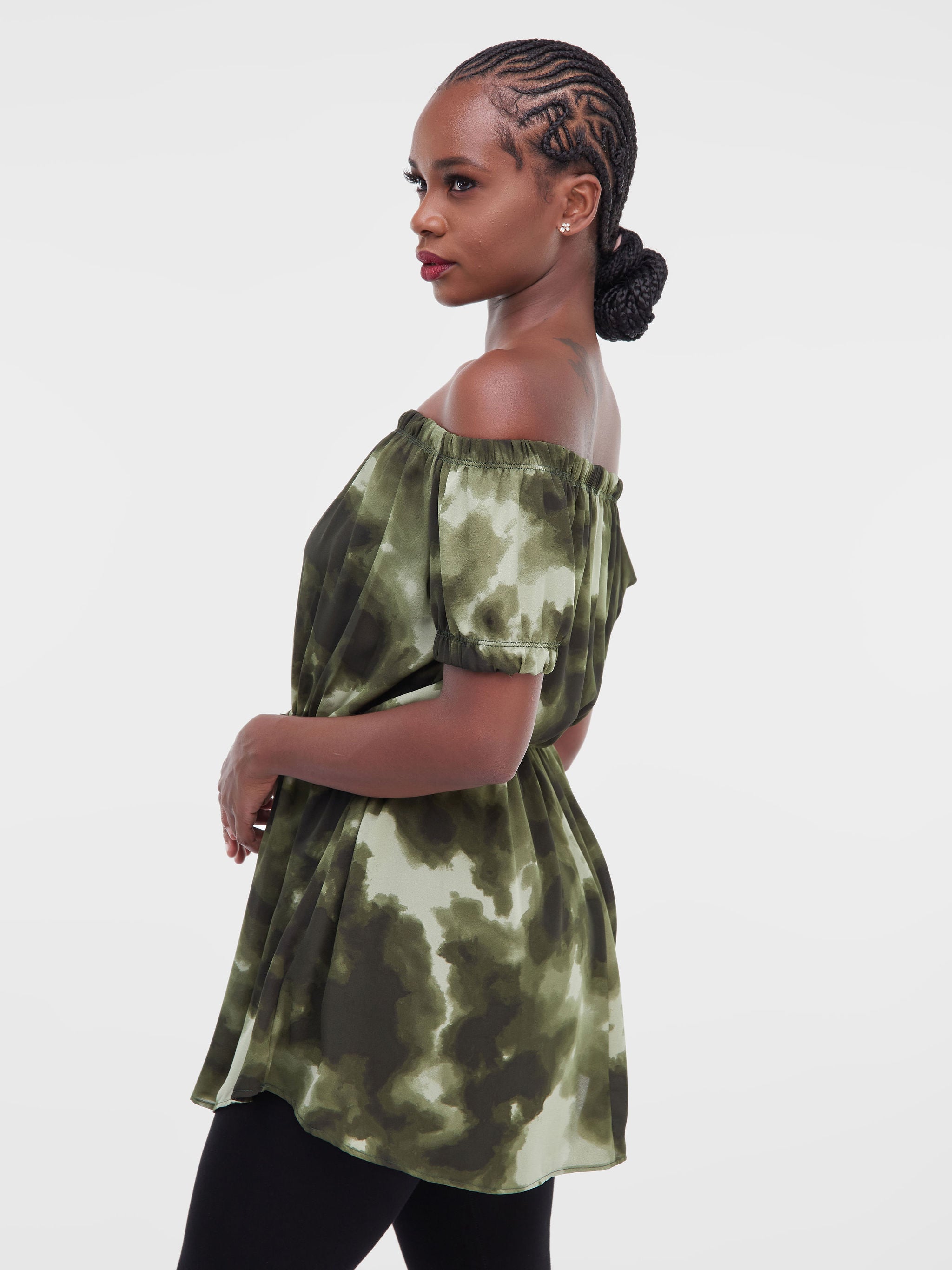 Vivo Lulu Off Shoulder Tunic - Green TD Print