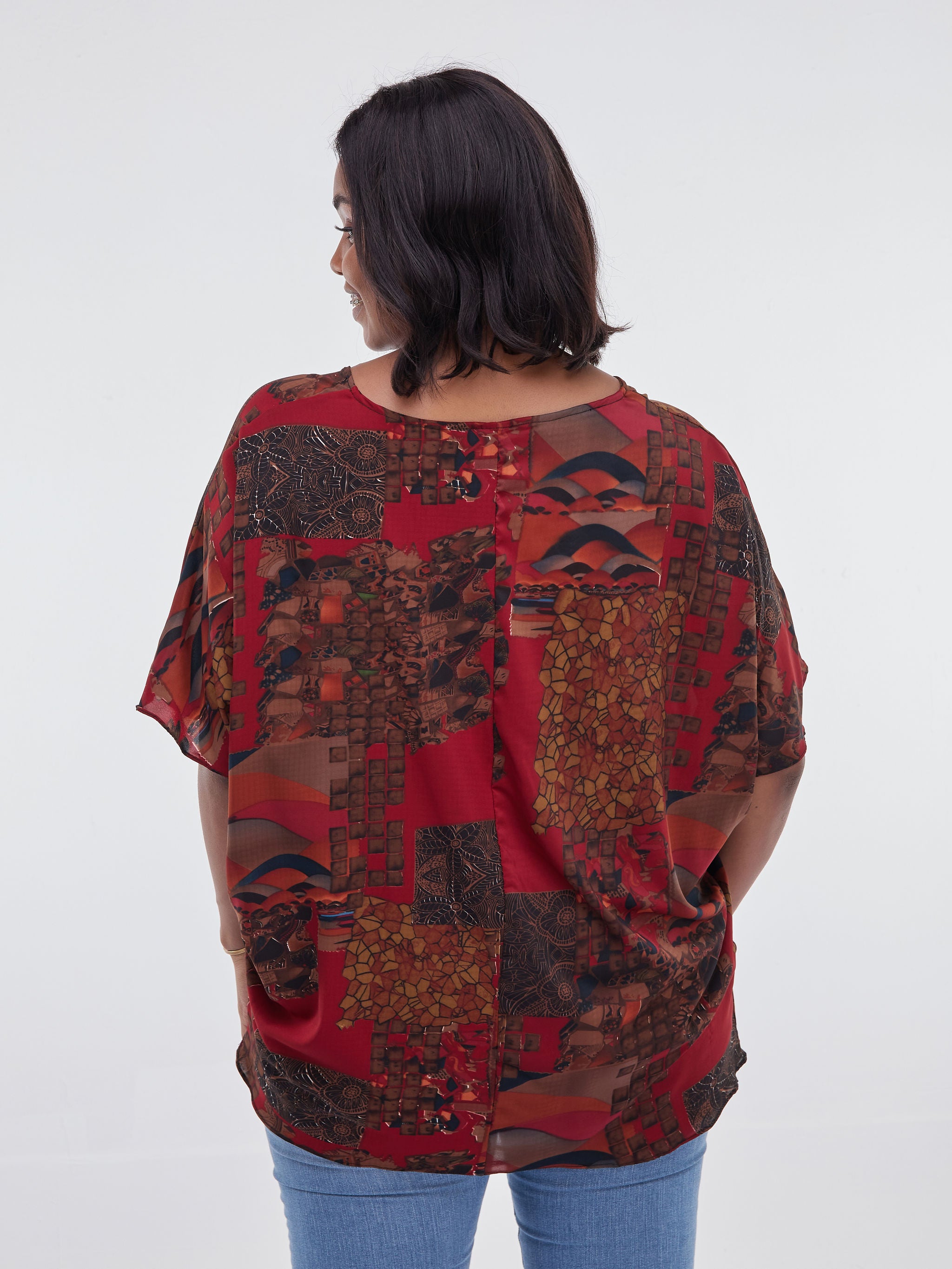 Safari Maisha Dolman Top - Maroon Abstract Print