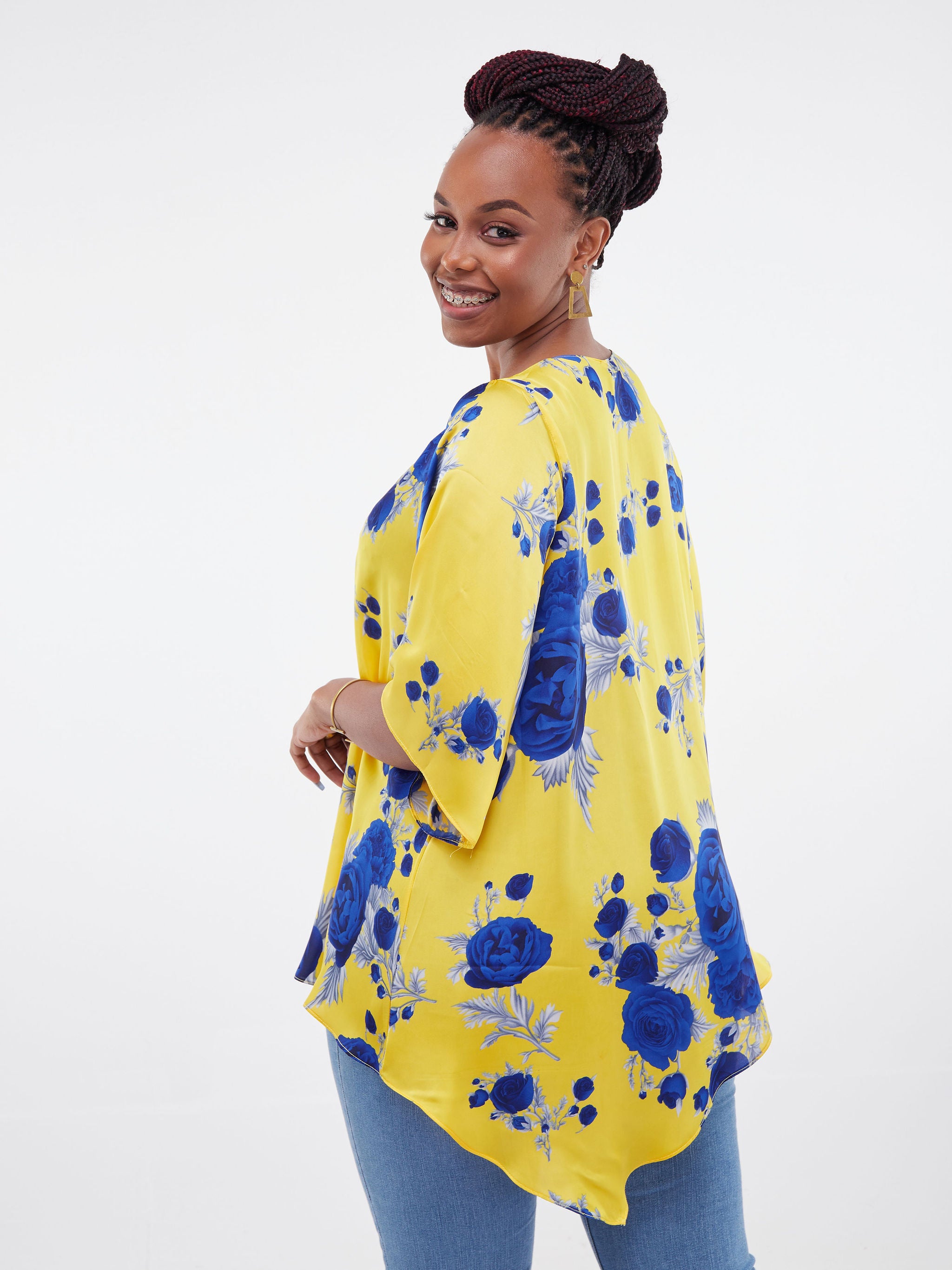 Vivo Asymmetric Angel Satin Top - Blue Rose Print