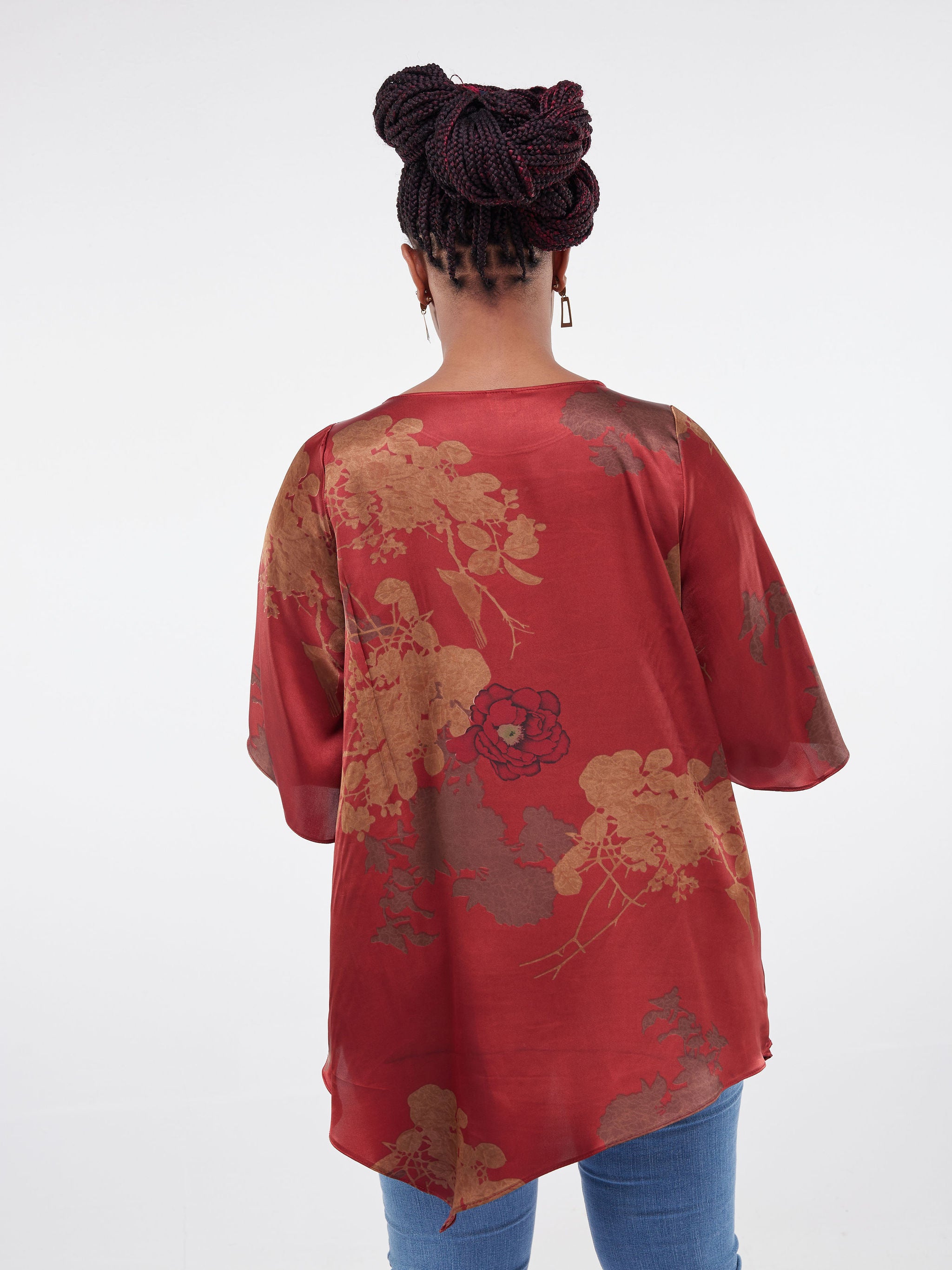 Vivo Asymmetric Angel Satin Top - Maroon Floral Print