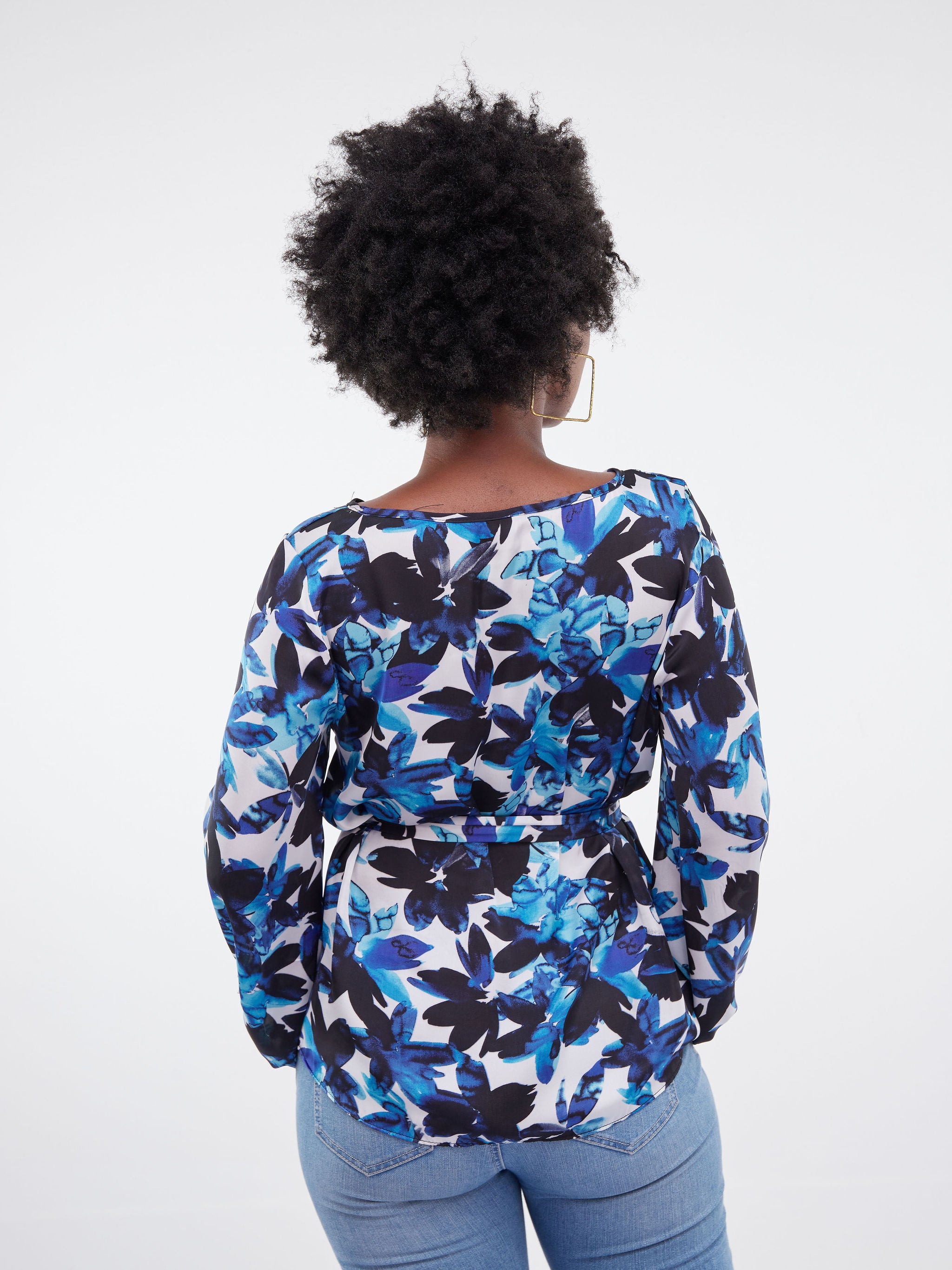 Vivo Basic Satin Bishop Sleeved Top - Navy Blue Leaf Print