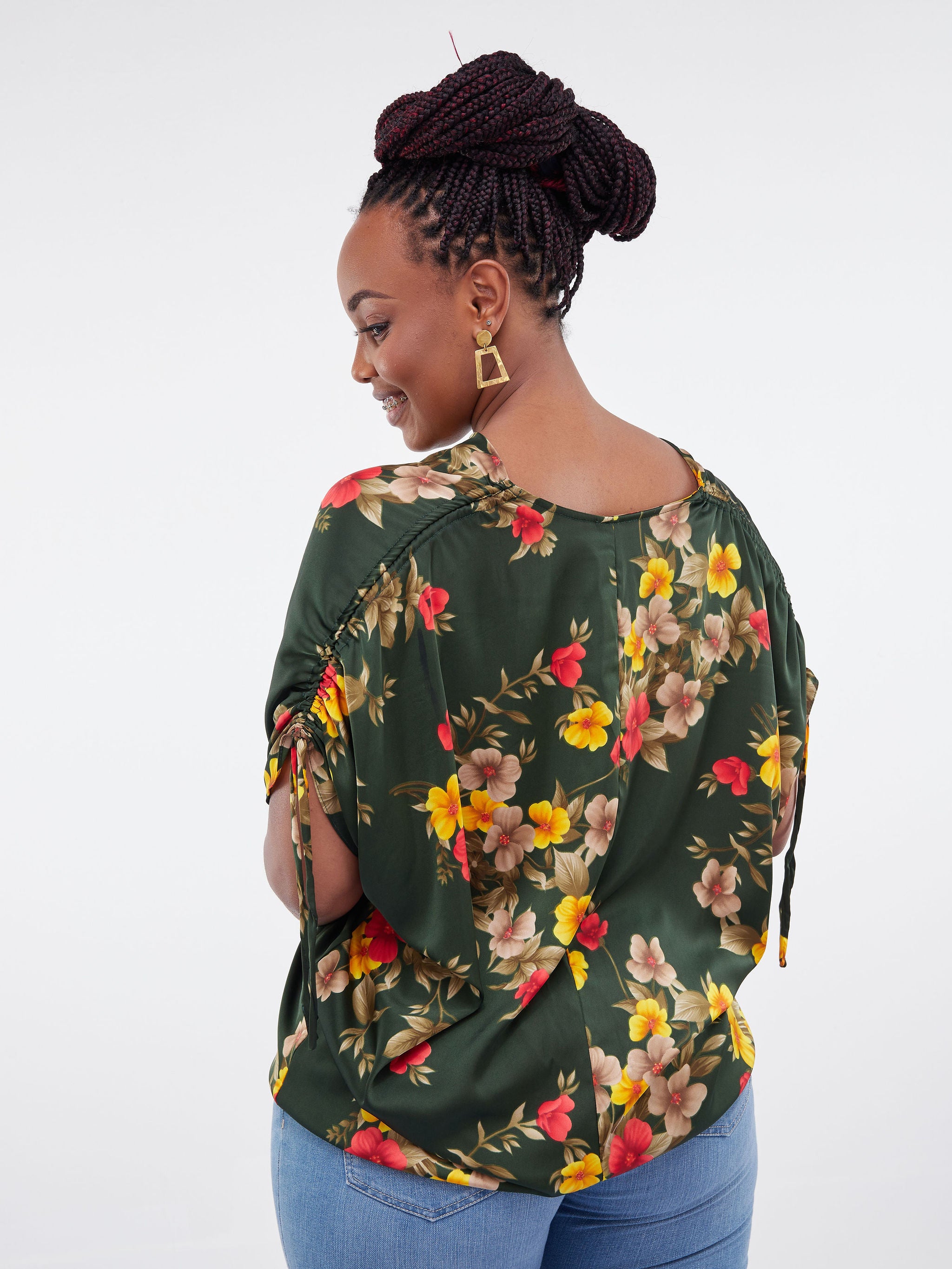 Vivo Jamila Dolman Drawstring Tunic Top - Dark Green Floral Print