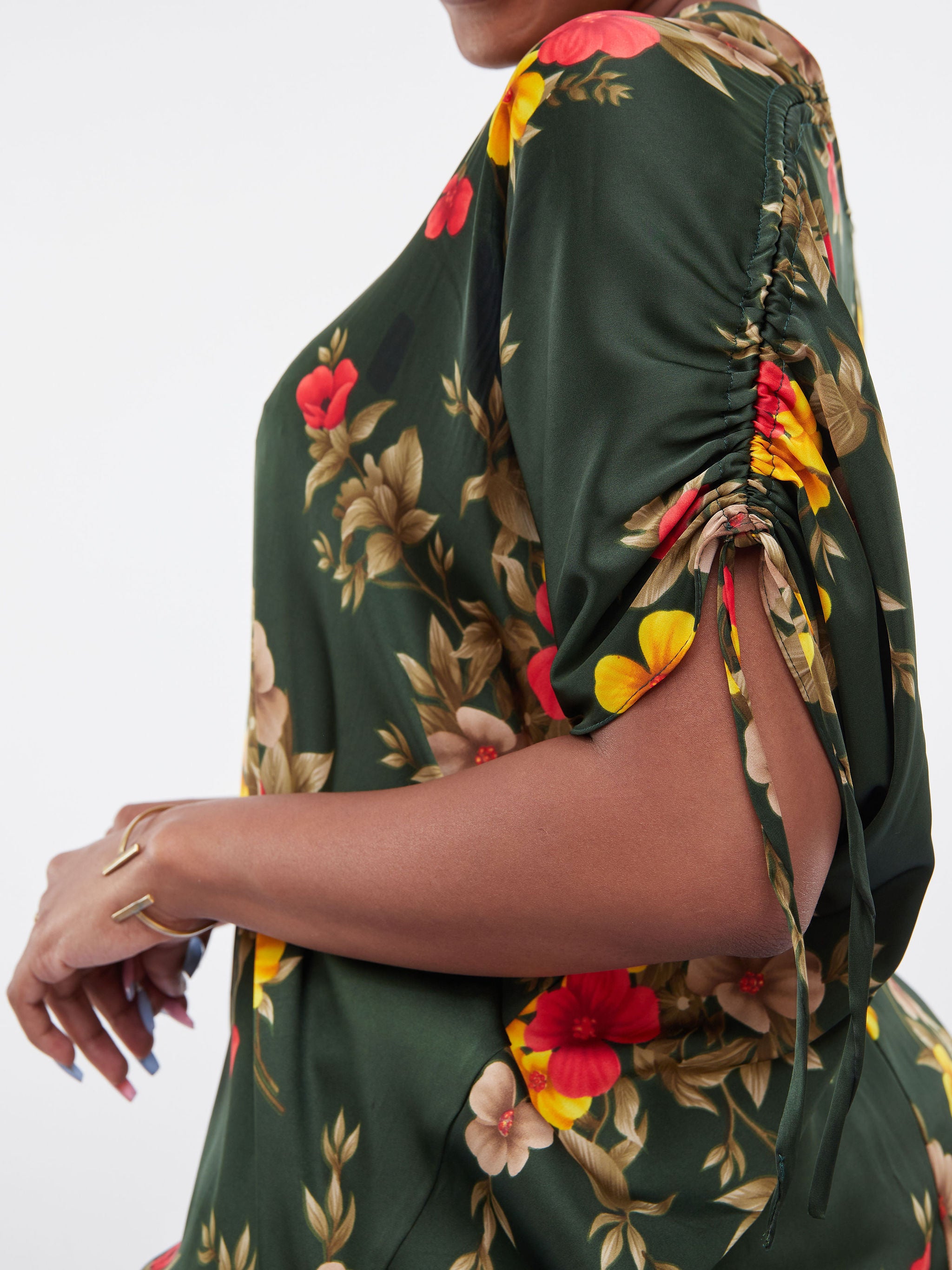 Vivo Jamila Dolman Drawstring Tunic Top - Dark Green Floral Print