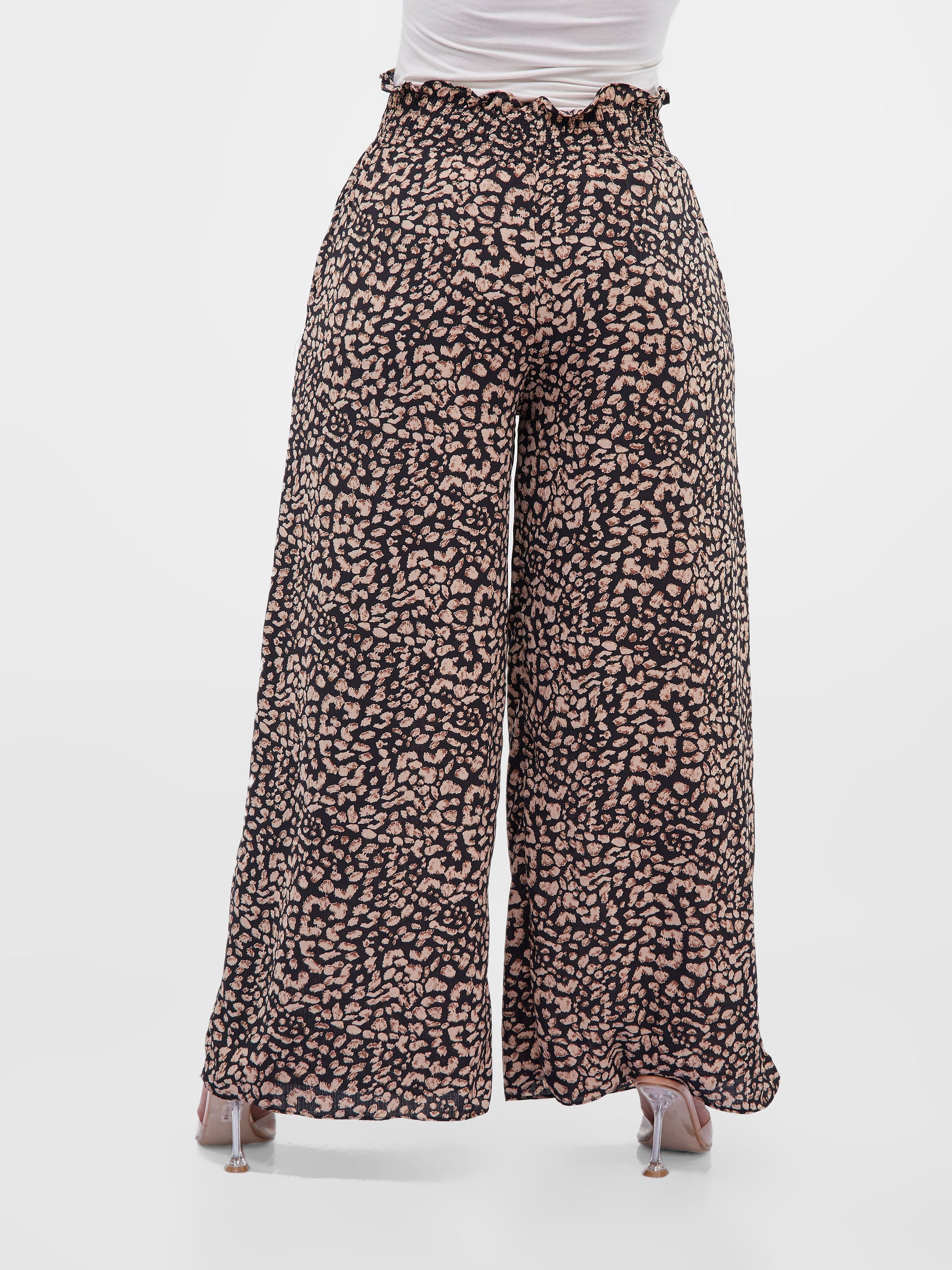 Safari Naima Shirred Waist Wide Leg Pants - Black / Brown Animal Print