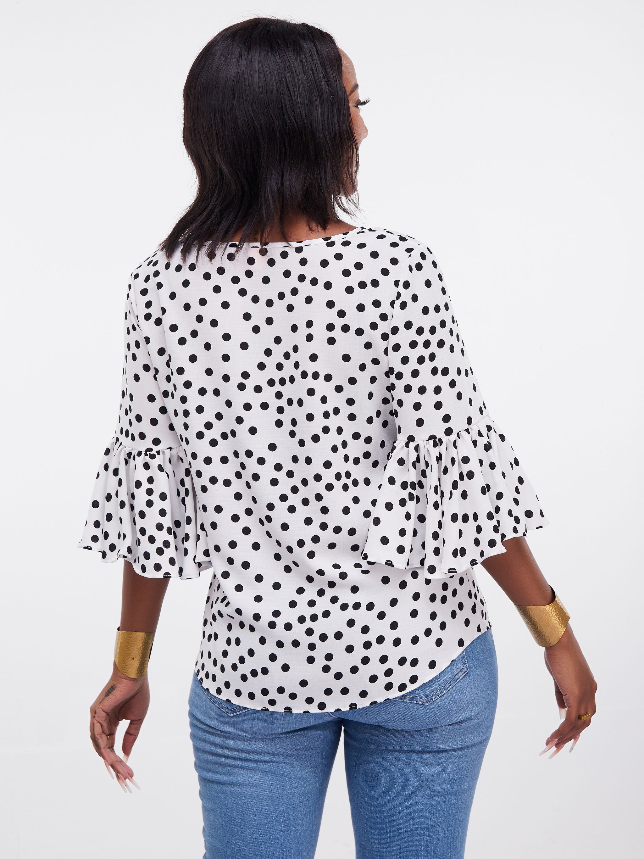 Vivo Dalia 3/4 Flounce Sleeve Top - White Polka Dot Print