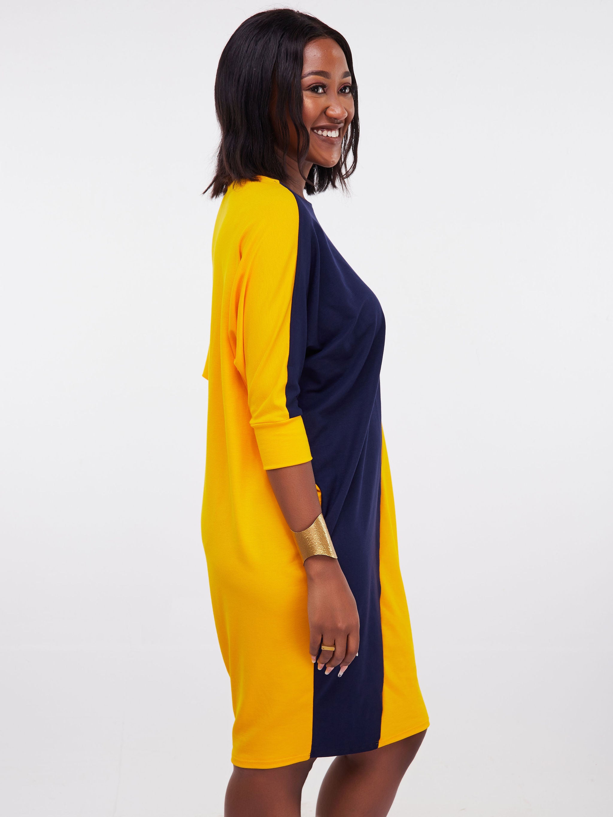 Vivo Zuri Dolman Dress - Yellow / Navy Blue