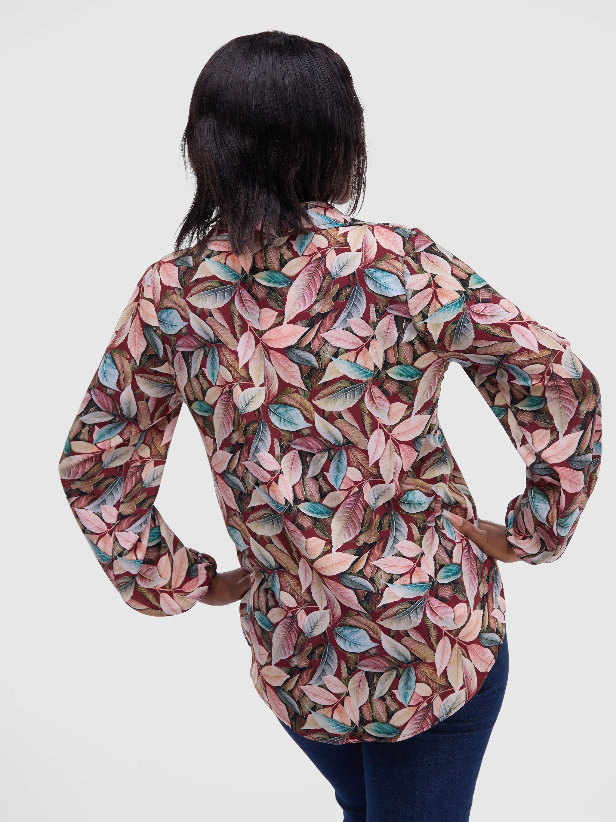 Vivo Zuri Long Sleeved Blouse - Maroon Leaves Print